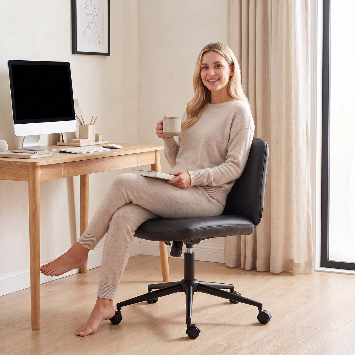 Criss Cross Legged Office Chair with Wide Seat, Swivel Desk Chair with Wheels, Rocking Function, Backrest, Adjustable Height, High-Density Foam, Computer Seat for Home Office, Bedroom, Black