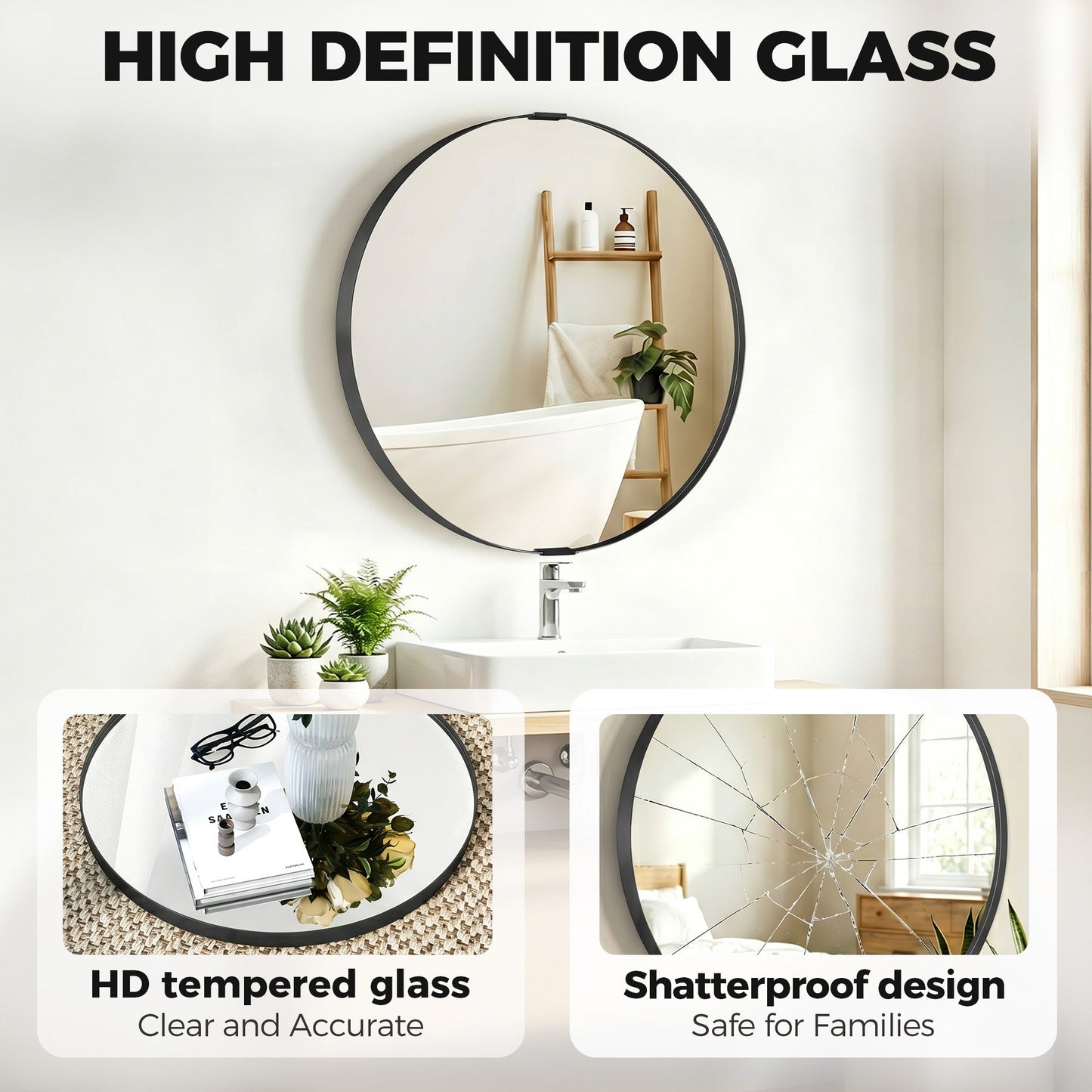 Round Wall Mirror 61 cm, Wall Mounted Bathroom Mirror with Tempered Safety Glass and Aluminium Alloy Frame for Living Room, Bedroom, Entryway, Home, Black