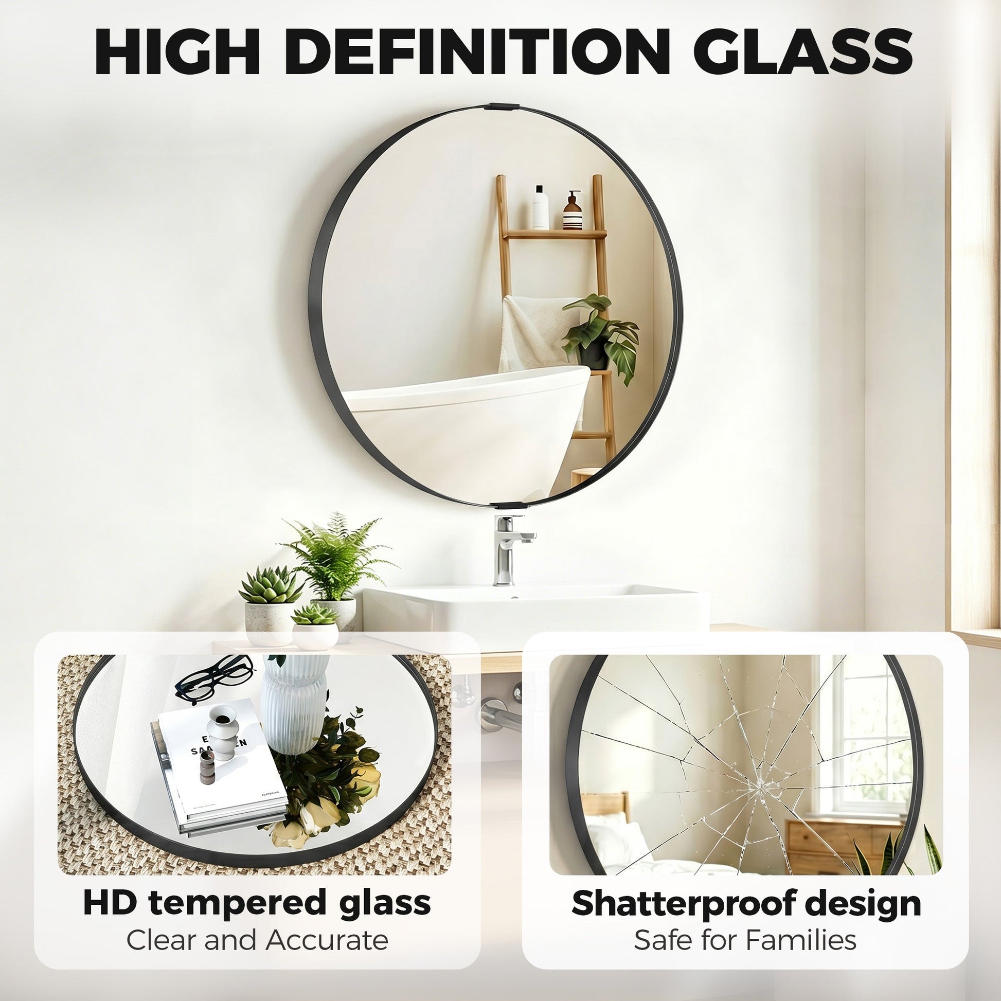 Round Wall Mirror 61 cm, Wall Mounted Bathroom Mirror with Tempered Safety Glass and Aluminium Alloy Frame for Living Room, Bedroom, Entryway, Home, Black