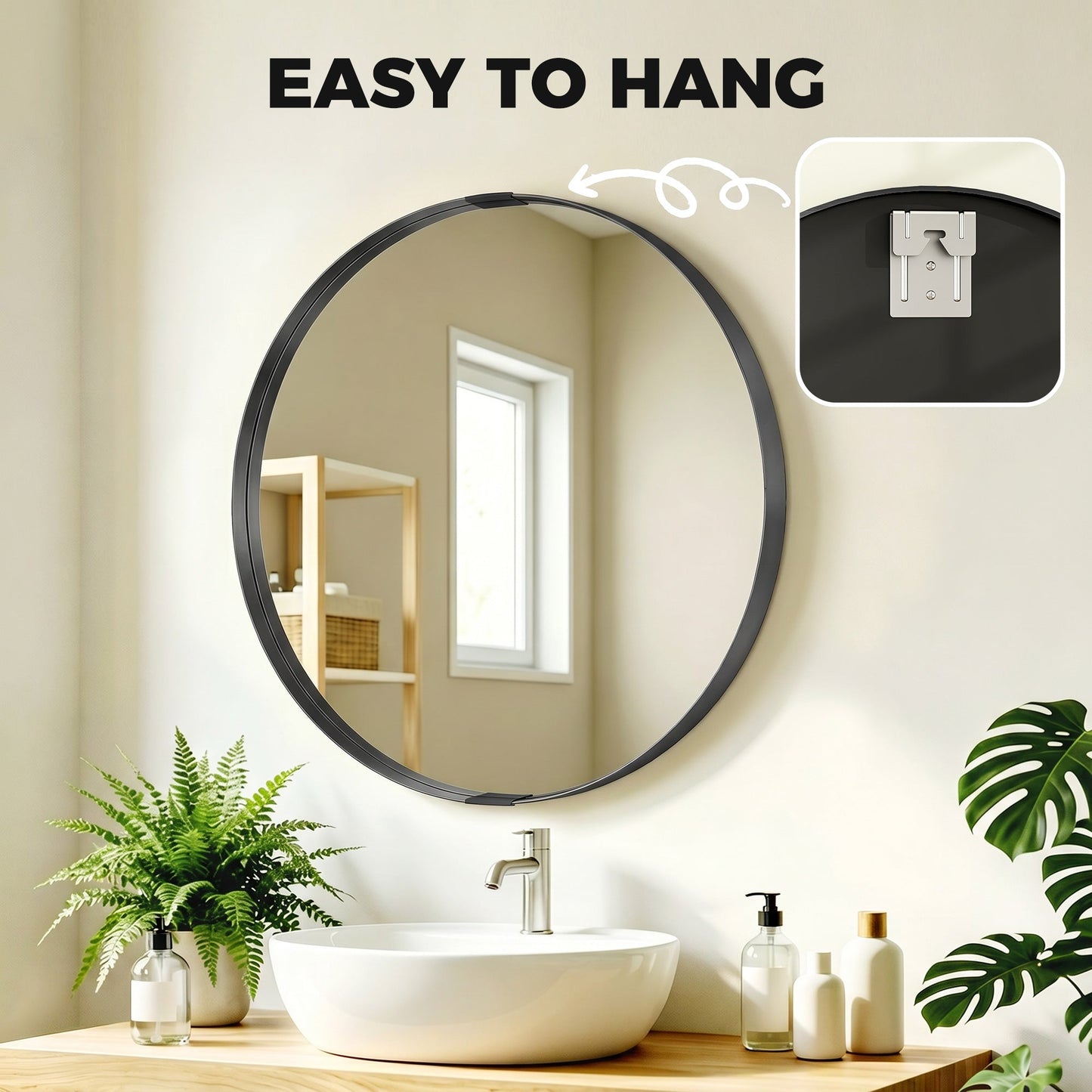 Round Wall Mirror 61 cm, Wall Mounted Bathroom Mirror with Tempered Safety Glass and Aluminium Alloy Frame for Living Room, Bedroom, Entryway, Home, Black