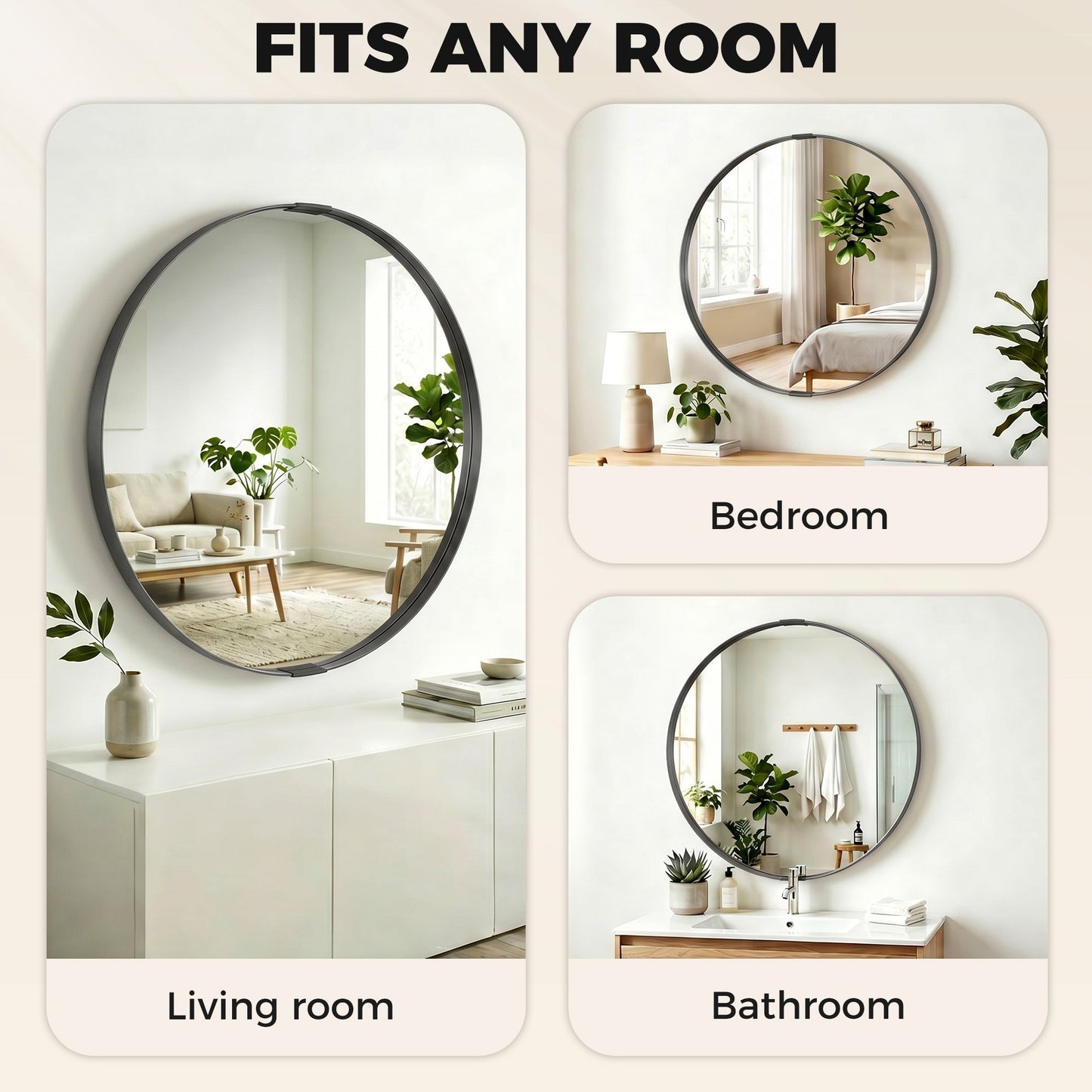 Round Wall Mirror 61 cm, Wall Mounted Bathroom Mirror with Tempered Safety Glass and Aluminium Alloy Frame for Living Room, Bedroom, Entryway, Home, Black
