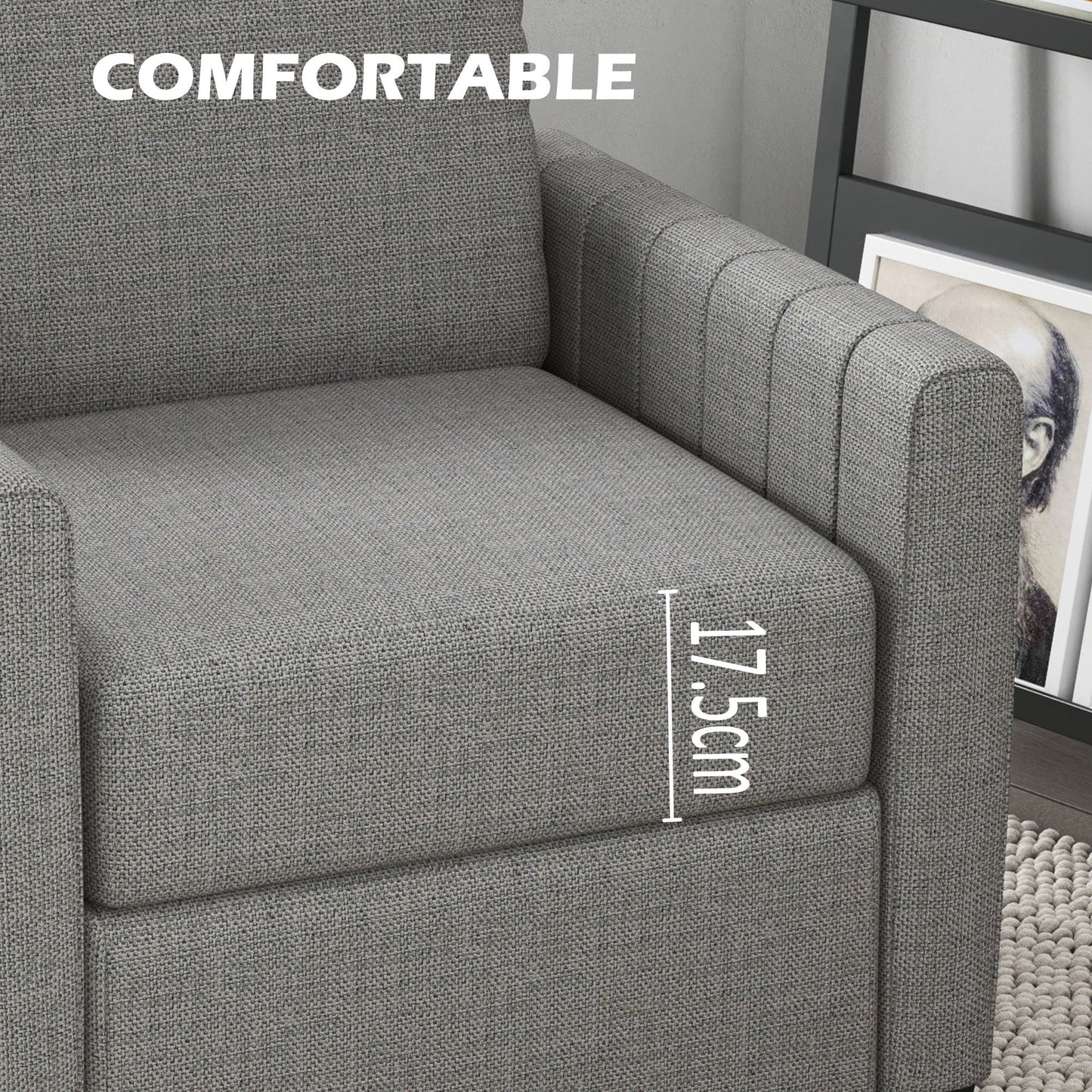 HOMCOM Armchair, Channel Tufted Modern Fabric Accent Chair, Comfy Upholstered Reading Lounge with Spring Cushion, Back Pillow, for Living Room, Bedroom, Office, Light Grey
