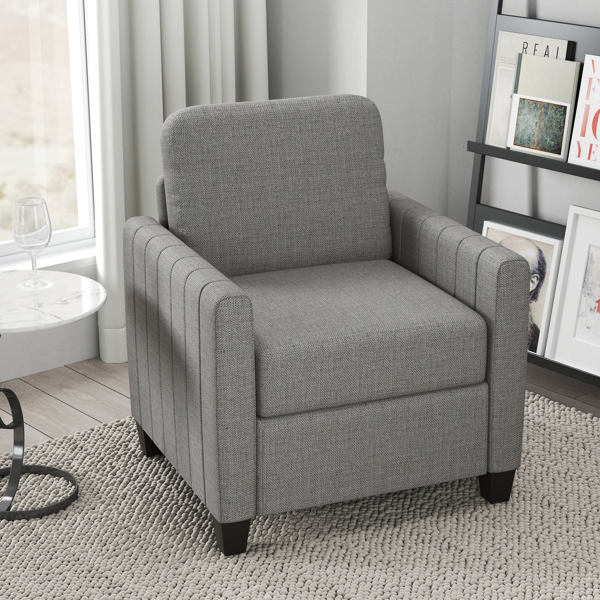 HOMCOM Armchair, Channel Tufted Modern Fabric Accent Chair, Comfy Upholstered Reading Lounge with Spring Cushion, Back Pillow, for Living Room, Bedroom, Office, Light Grey