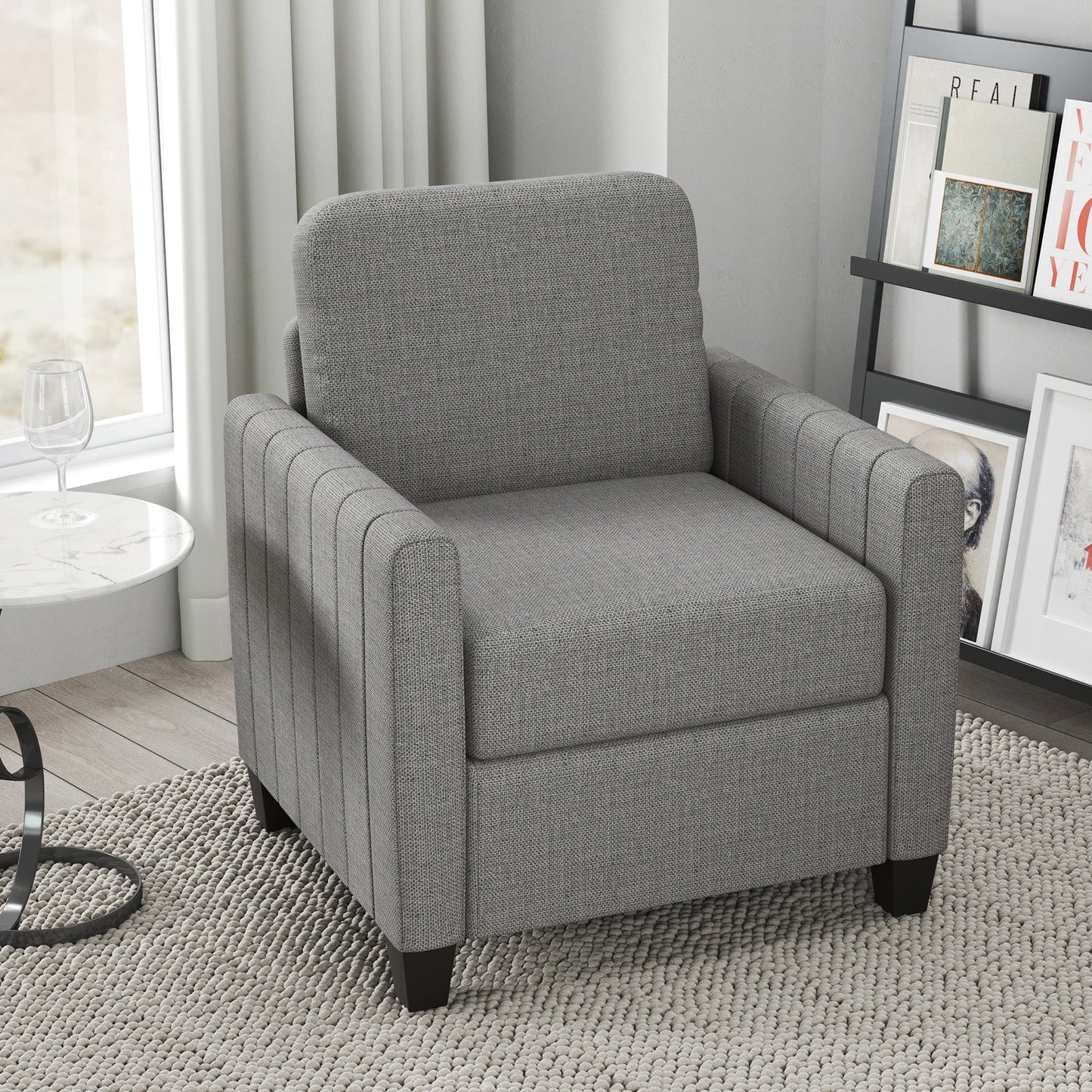 HOMCOM Armchair, Channel Tufted Modern Fabric Accent Chair, Comfy Upholstered Reading Lounge with Spring Cushion, Back Pillow, for Living Room, Bedroom, Office, Light Grey