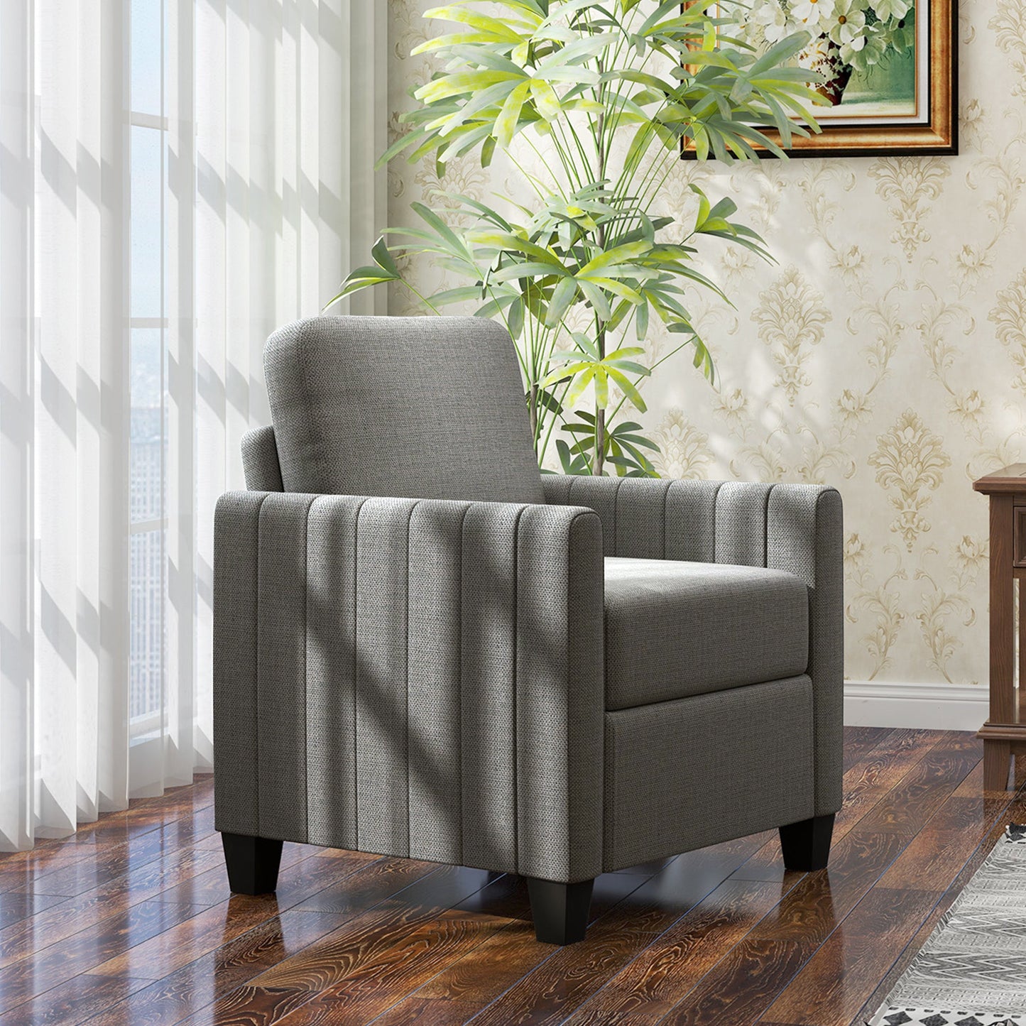 HOMCOM Armchair, Channel Tufted Modern Fabric Accent Chair, Comfy Upholstered Reading Lounge with Spring Cushion, Back Pillow, for Living Room, Bedroom, Office, Light Grey