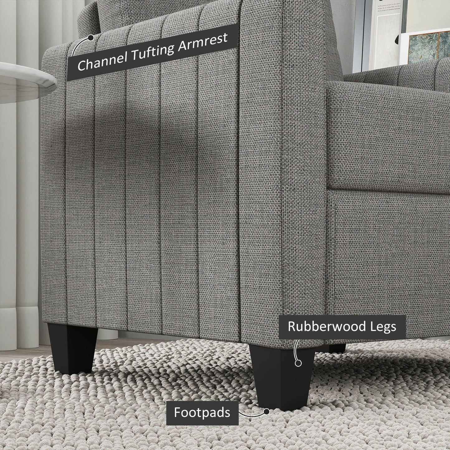 HOMCOM Armchair, Channel Tufted Modern Fabric Accent Chair, Comfy Upholstered Reading Lounge with Spring Cushion, Back Pillow, for Living Room, Bedroom, Office, Light Grey