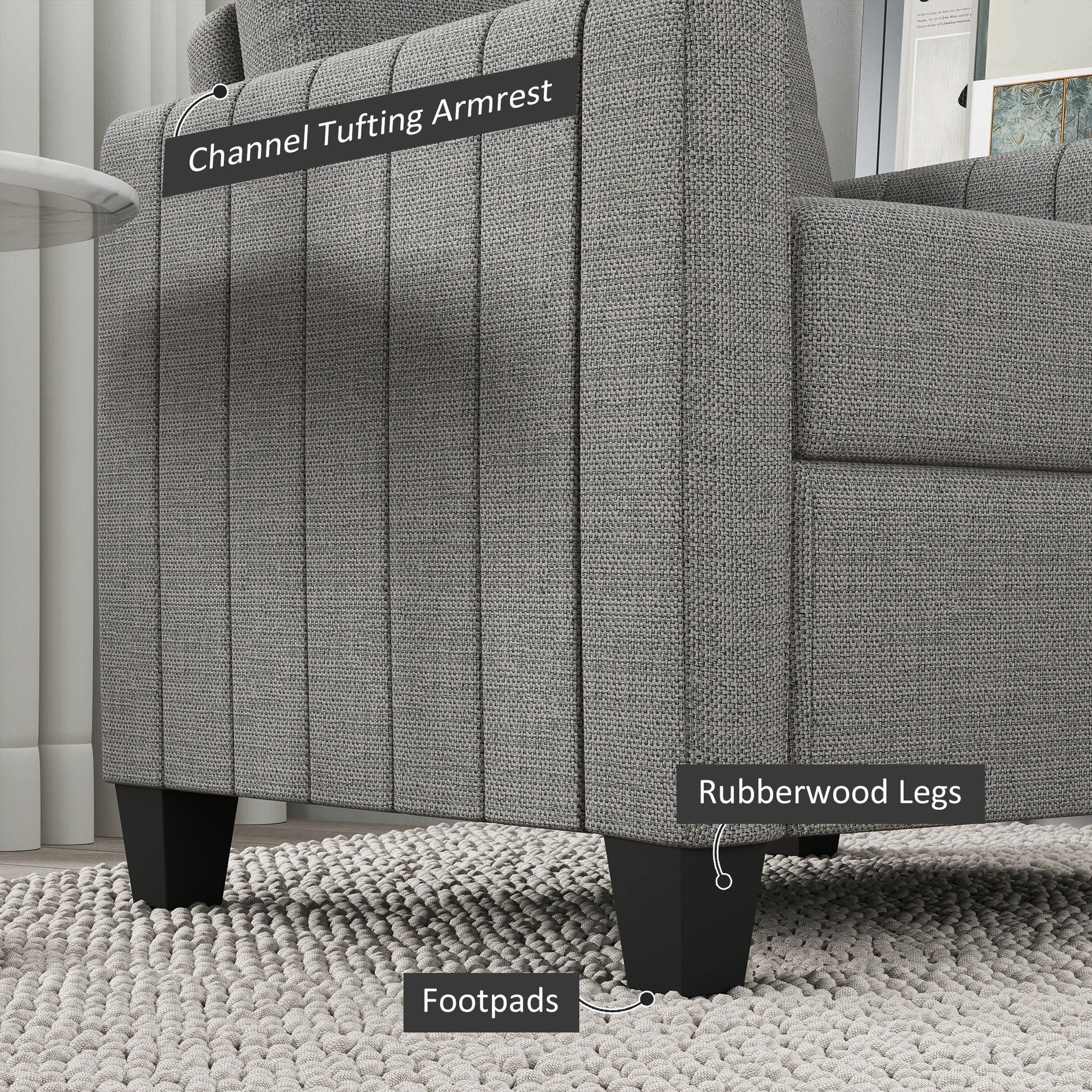 HOMCOM Armchair, Channel Tufted Modern Fabric Accent Chair, Comfy Upholstered Reading Lounge with Spring Cushion, Back Pillow, for Living Room, Bedroom, Office, Light Grey