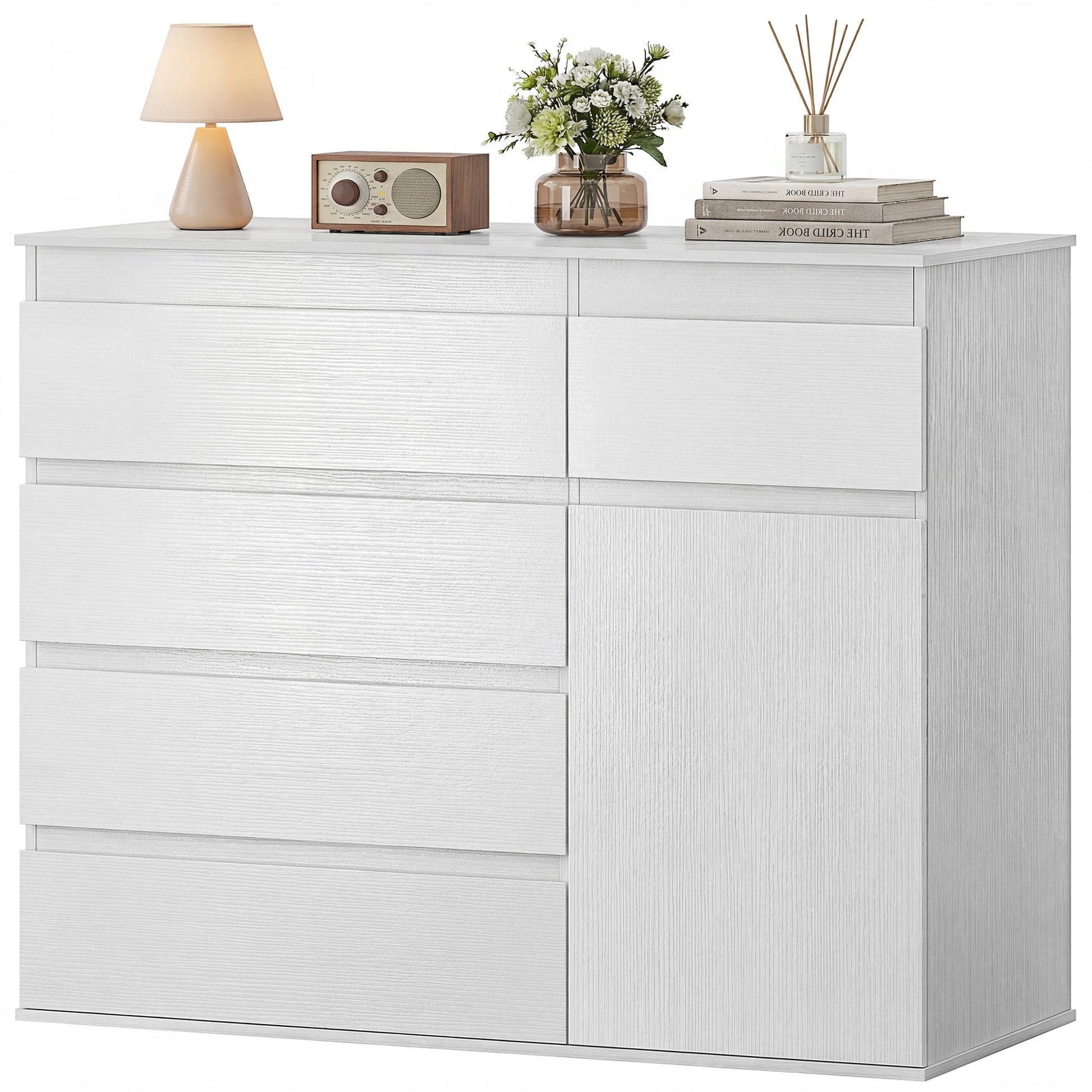 Modern Sideboard, Sideboard Storage Cabinet with 5 Drawers, Adjustable Shelf, Soft-Close Door, Storage Cupboard for Dining Room, Kitchen, Living Room, White