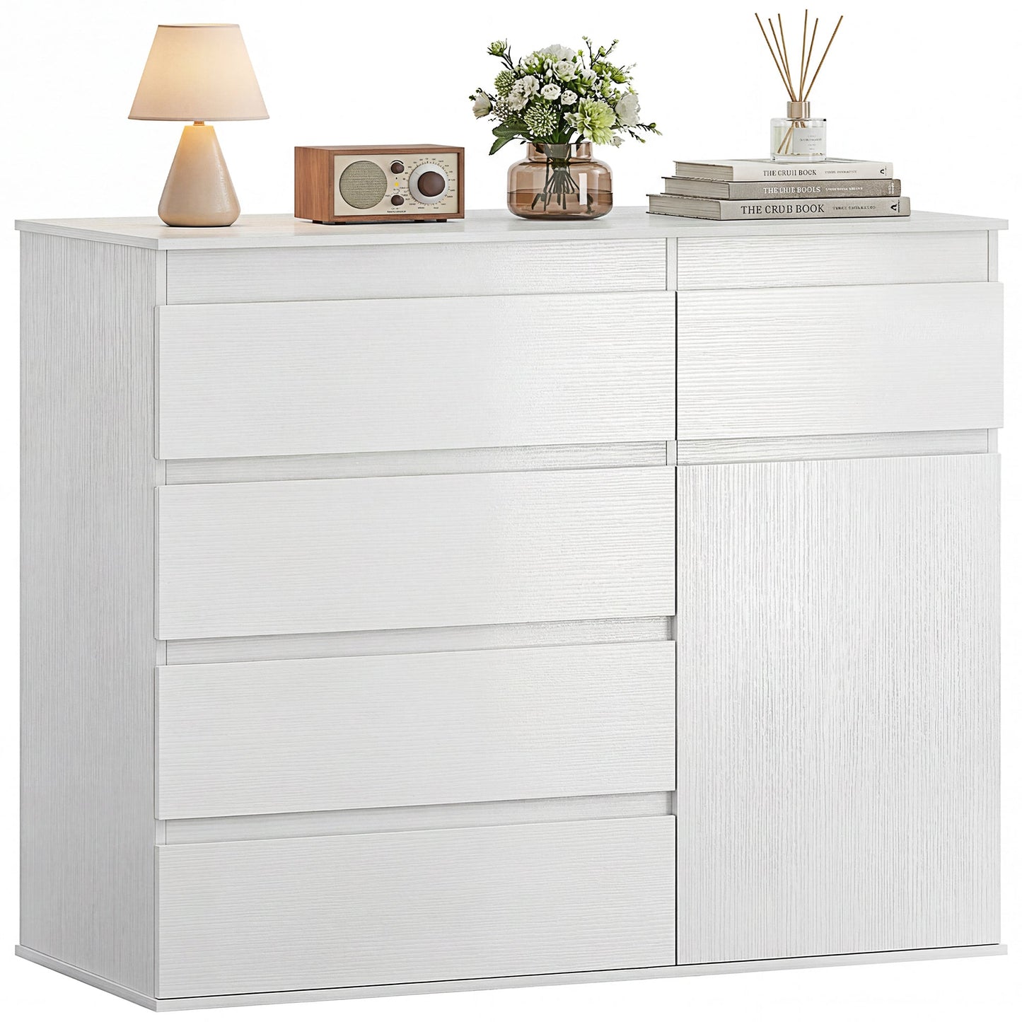 Modern Sideboard, Sideboard Storage Cabinet with 5 Drawers, Adjustable Shelf, Soft-Close Door, Storage Cupboard for Dining Room, Kitchen, Living Room, White