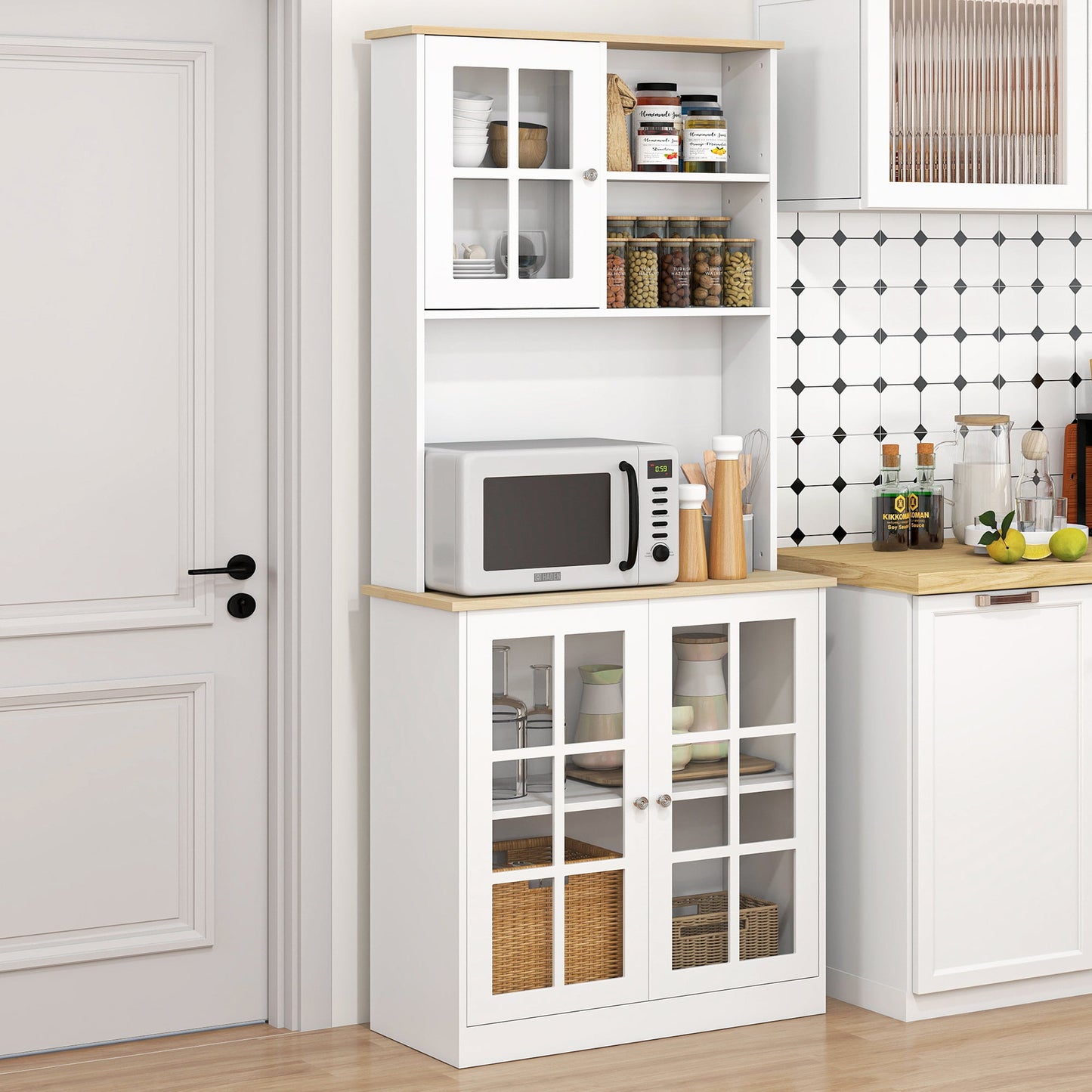 Freestanding Kitchen Cupboard, Storage Cabinet with Doors and Adjustable Shelves, Counter Top, Grid Glass Doors, 80L x 37W x 183H cm - White