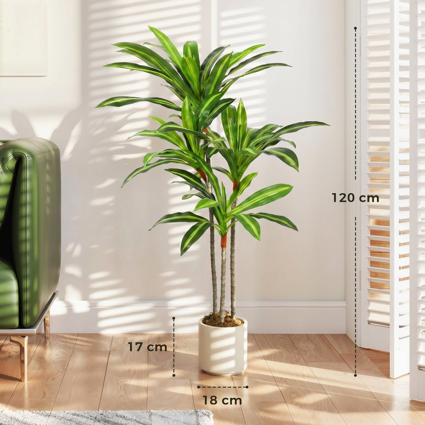Set of 2 120cm Artificial Dracaena Trees, Decorative Artificial Plants with Bendable Trunks and White Planters for Living Room Bedroom Home Office Decor, Green