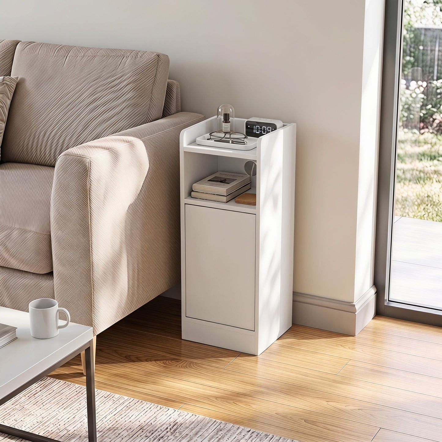 Slim Bedside Table Set of 2 with Charging Station, Narrow Bedside Cabinet with Open Compartment, Adjustable Shelf and Cupboard, Side End Table for Bedroom Living Room Compact Nooks, White