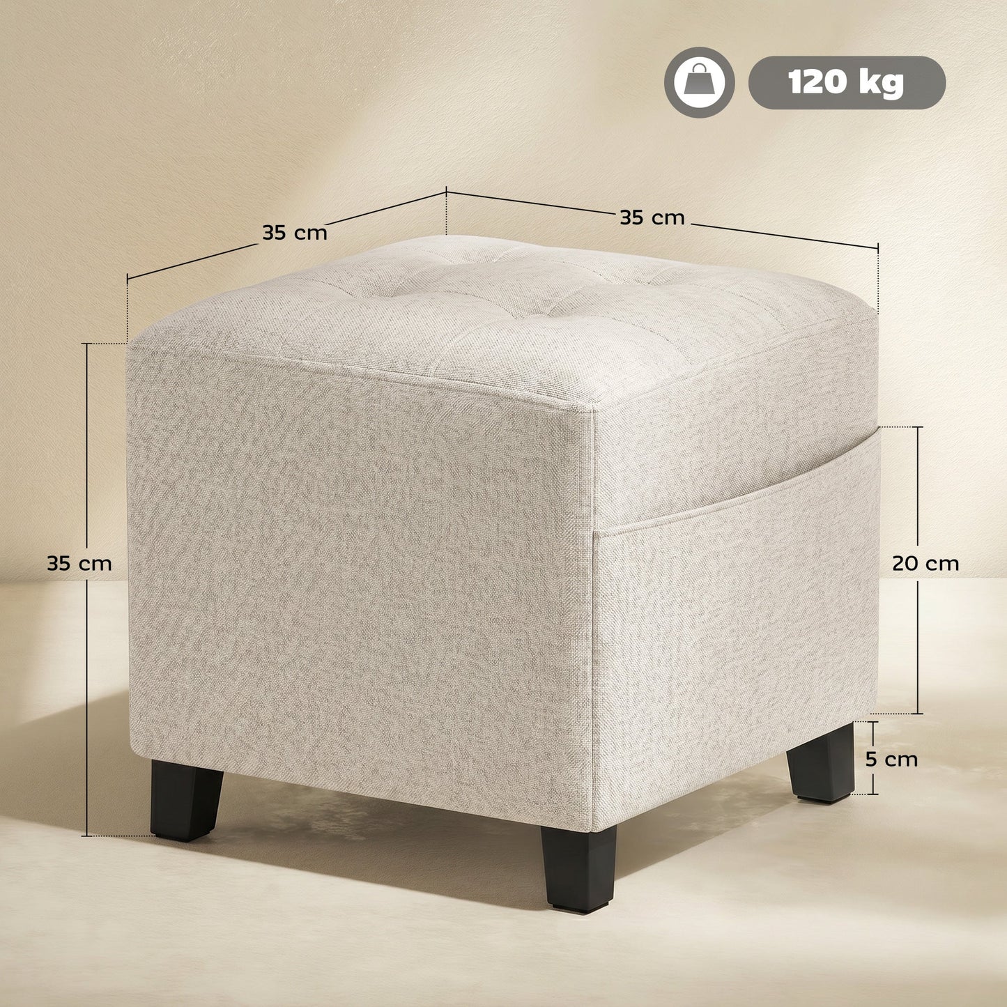 Square Footstool, Small Ottoman with Side Pocket, Linen-look Fabric Footrest Foot Stool with Rubber Wood Legs and Padded Seat for Living Room, Bedroom, Entryway, 35 x 35 x 35cm, Beige