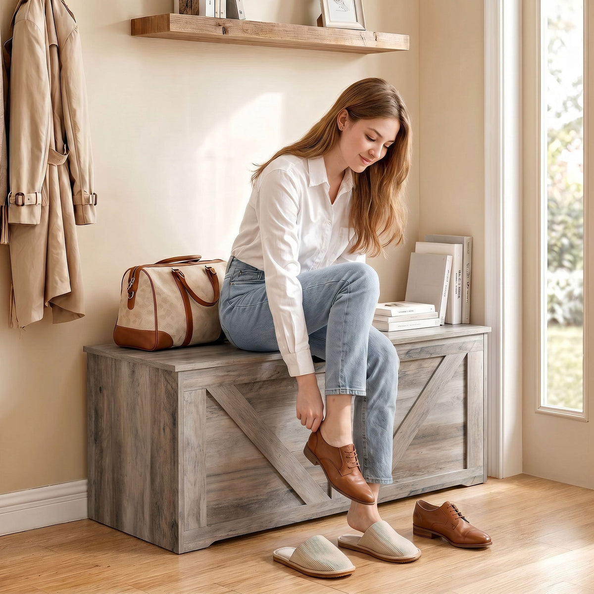100L Storage Chest, Shoe Storage Trunk Bench Box with Safety Hinge and U-shaped Cut-out Pull, Blanket Box Ottoman for Bedroom, Living Room, Entryway, 80 x 40 x 45 cm, Grey Wood-Effect