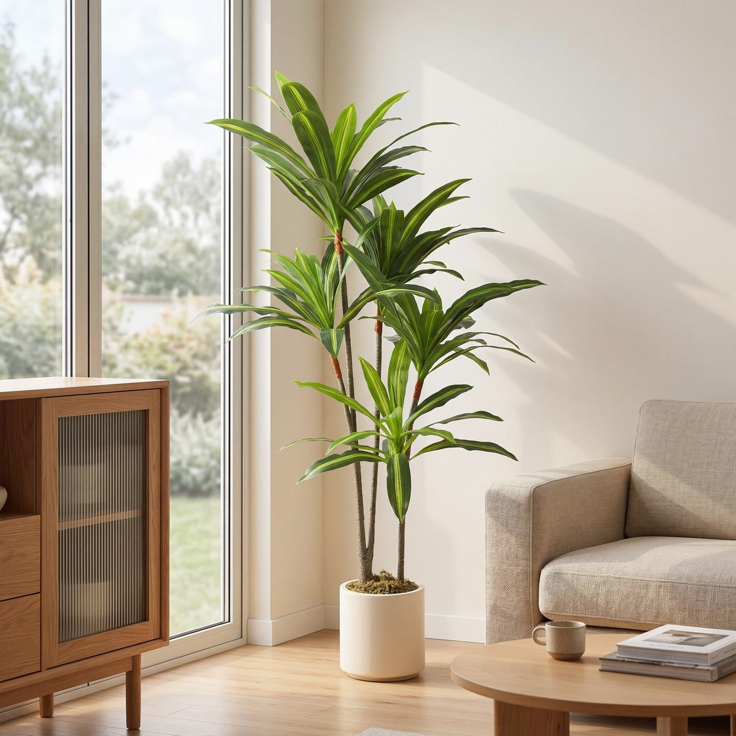 150cm Artificial Dracaena Tree, Decorative Artificial Plants with Bendable Trunks and White Planter for Living Room Bedroom Home Office Decor, Green
