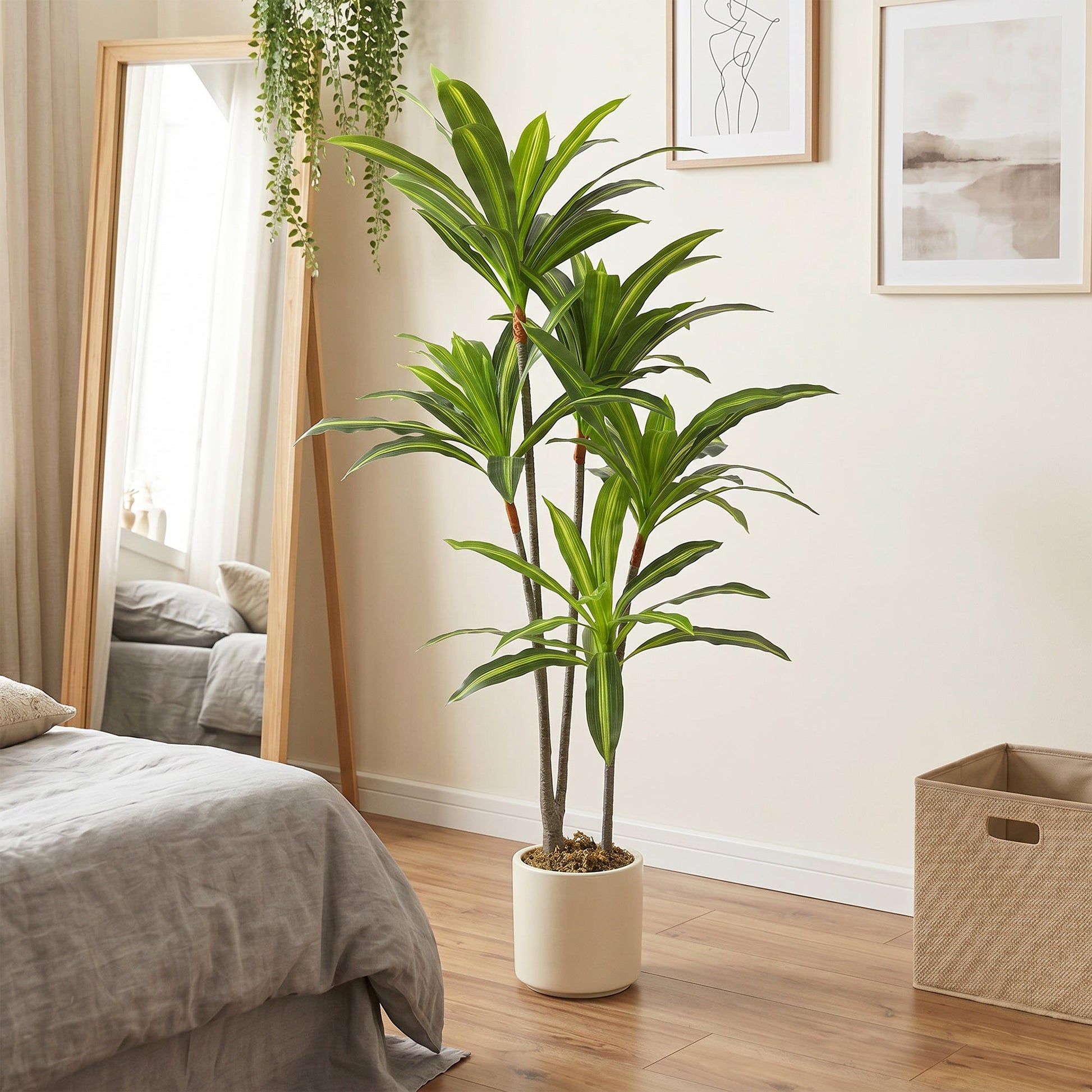 150cm Artificial Dracaena Tree, Decorative Artificial Plants with Bendable Trunks and White Planter for Living Room Bedroom Home Office Decor, Green