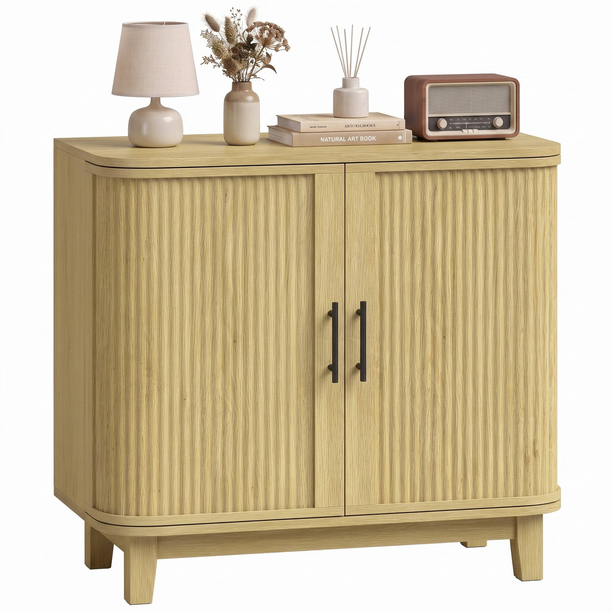 80cm Sideboard Buffet Cabinet, Modern Storage Cabinet with 2 Curved Doors, Adjustable Shelf and Legs for Dining Room, Hallway, Oak