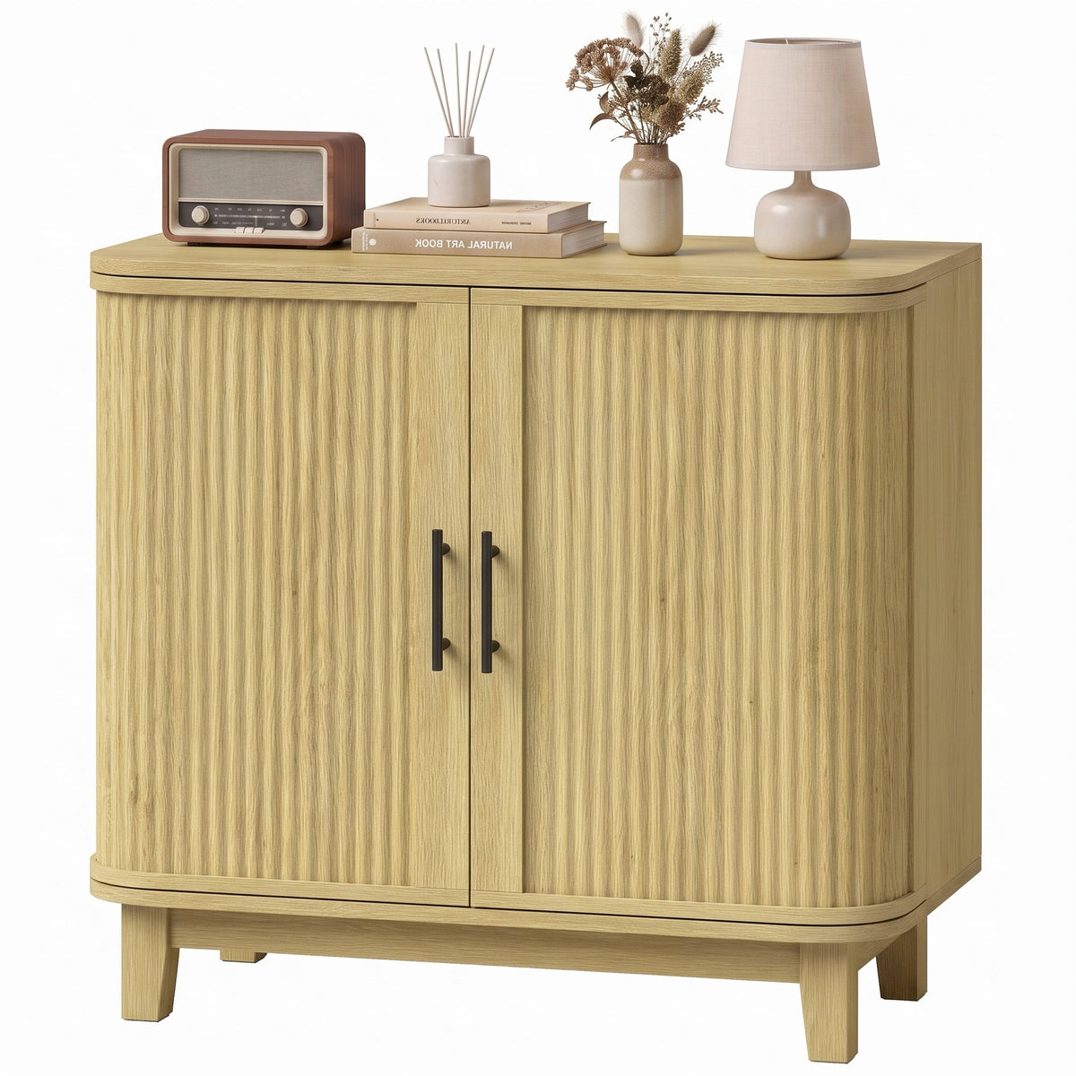80cm Sideboard Buffet Cabinet, Modern Storage Cabinet with 2 Curved Doors, Adjustable Shelf and Legs for Dining Room, Hallway, Oak