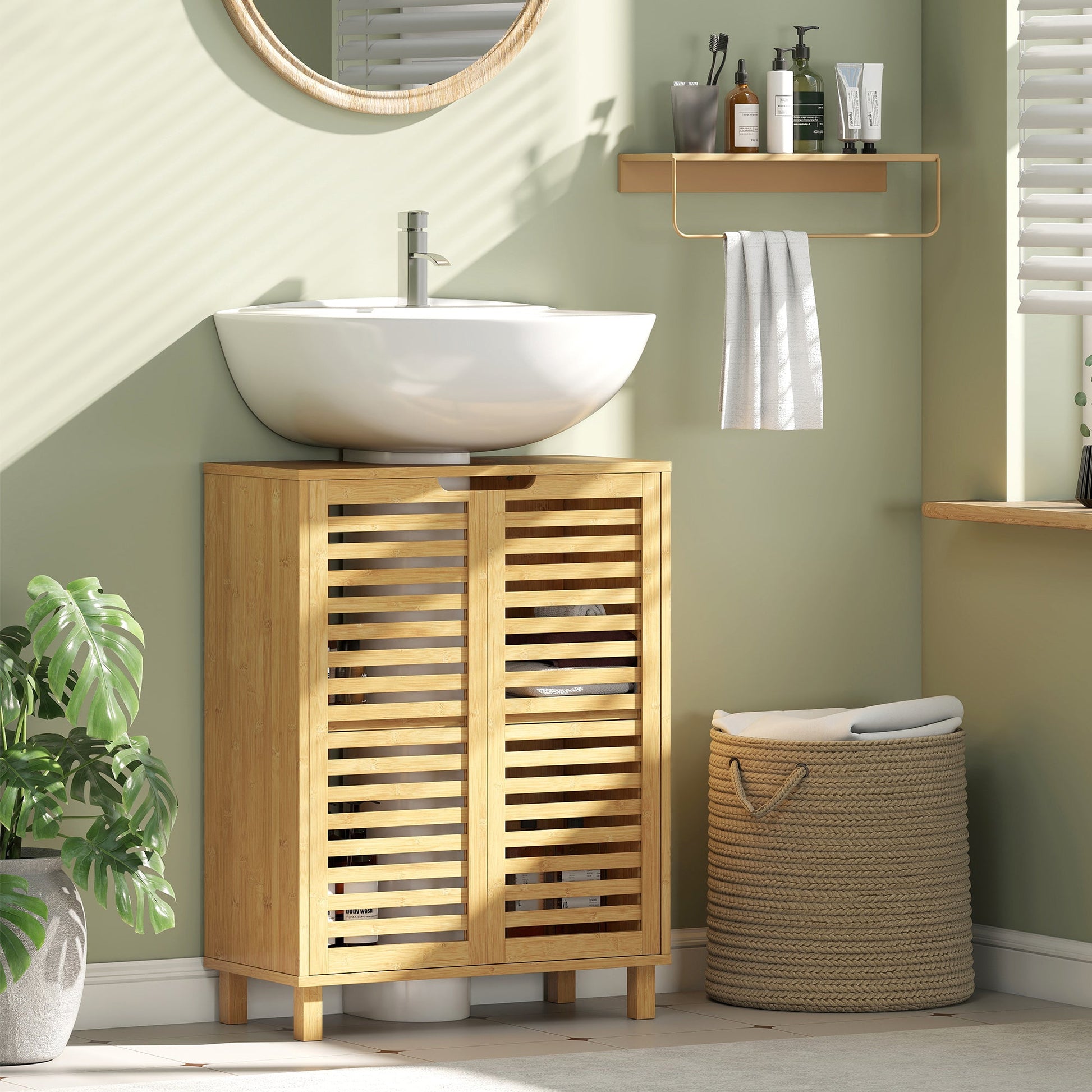 Under Sink Bathroom Cabinet, Freestanding Bamboo Under Sink Cabinet with Louvered Doors and Adjustable Shelf for Basin without or with Pedestal, Natural
