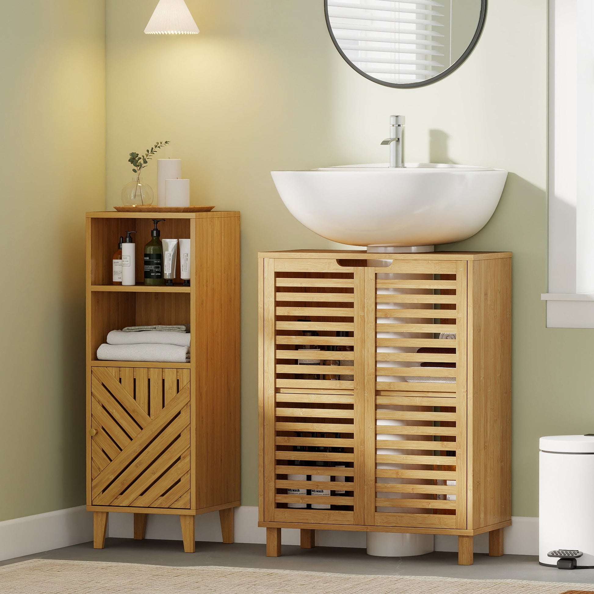 Under Sink Bathroom Cabinet, Freestanding Bamboo Under Sink Cabinet with Louvered Doors and Adjustable Shelf for Basin without or with Pedestal, Natural