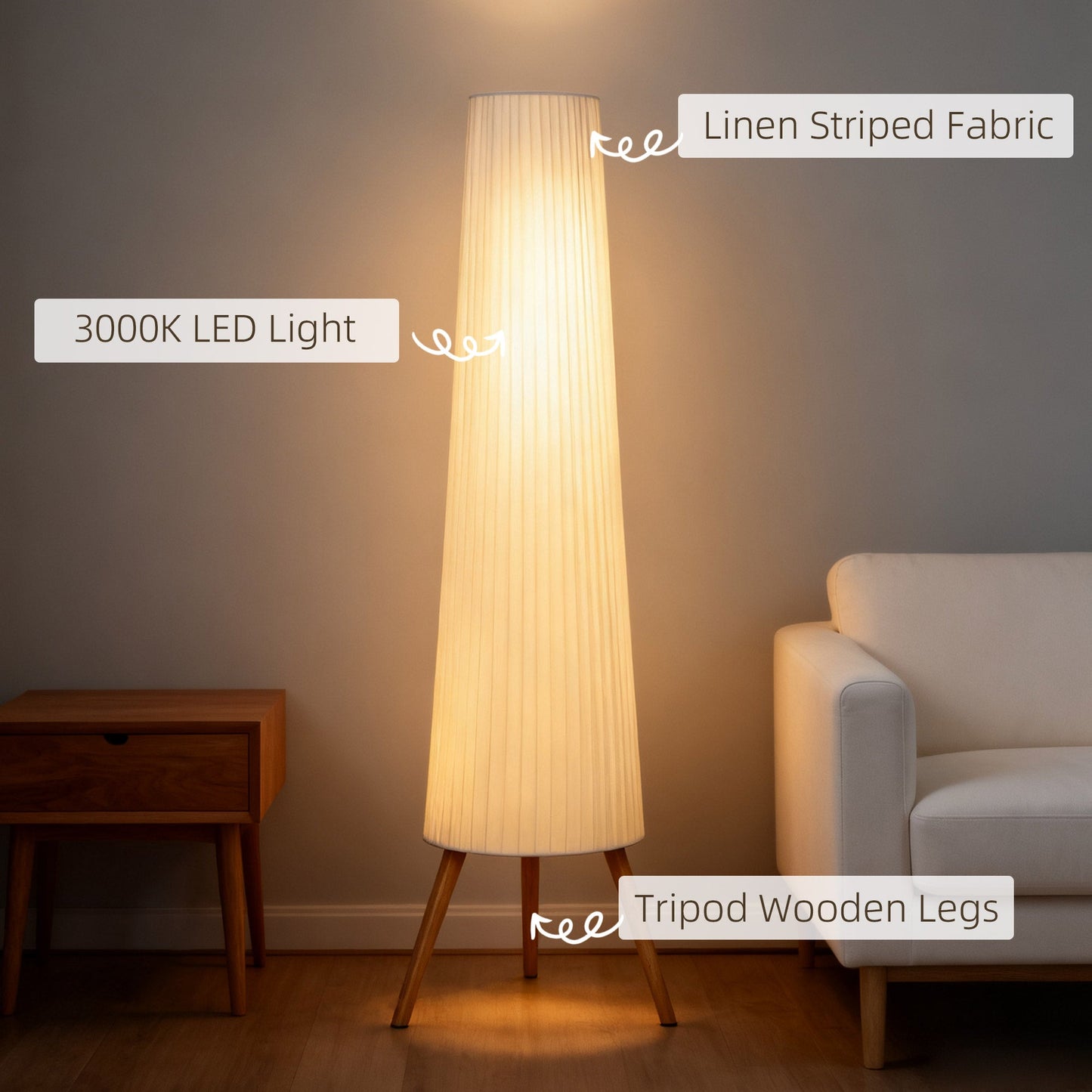 Dimmable Tripod Floor Lamp with Foot Switch, Nordic Standing Lamp with Wood Legs and Fabric Shade for Living Room, Bedroom, Office, 153cm, White