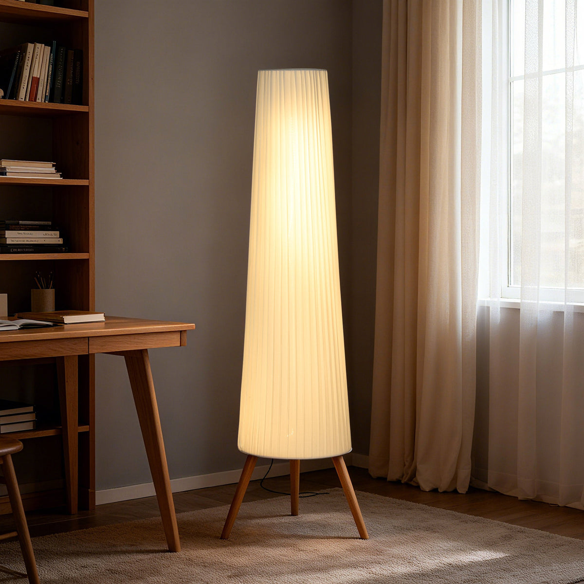 Dimmable Tripod Floor Lamp with Foot Switch, Nordic Standing Lamp with Wood Legs and Fabric Shade for Living Room, Bedroom, Office, 153cm, White