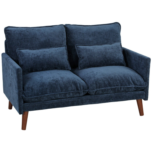 2 Seater Sofa, 131cm Velvet-Feel Fabric Loveseat Sofa with Spring Cushions, Wide and Deep Seat, Wood Legs, 2 Pillows, Modern Couch Settee for Small Space, Living Room, Bedroom, Office, Blue