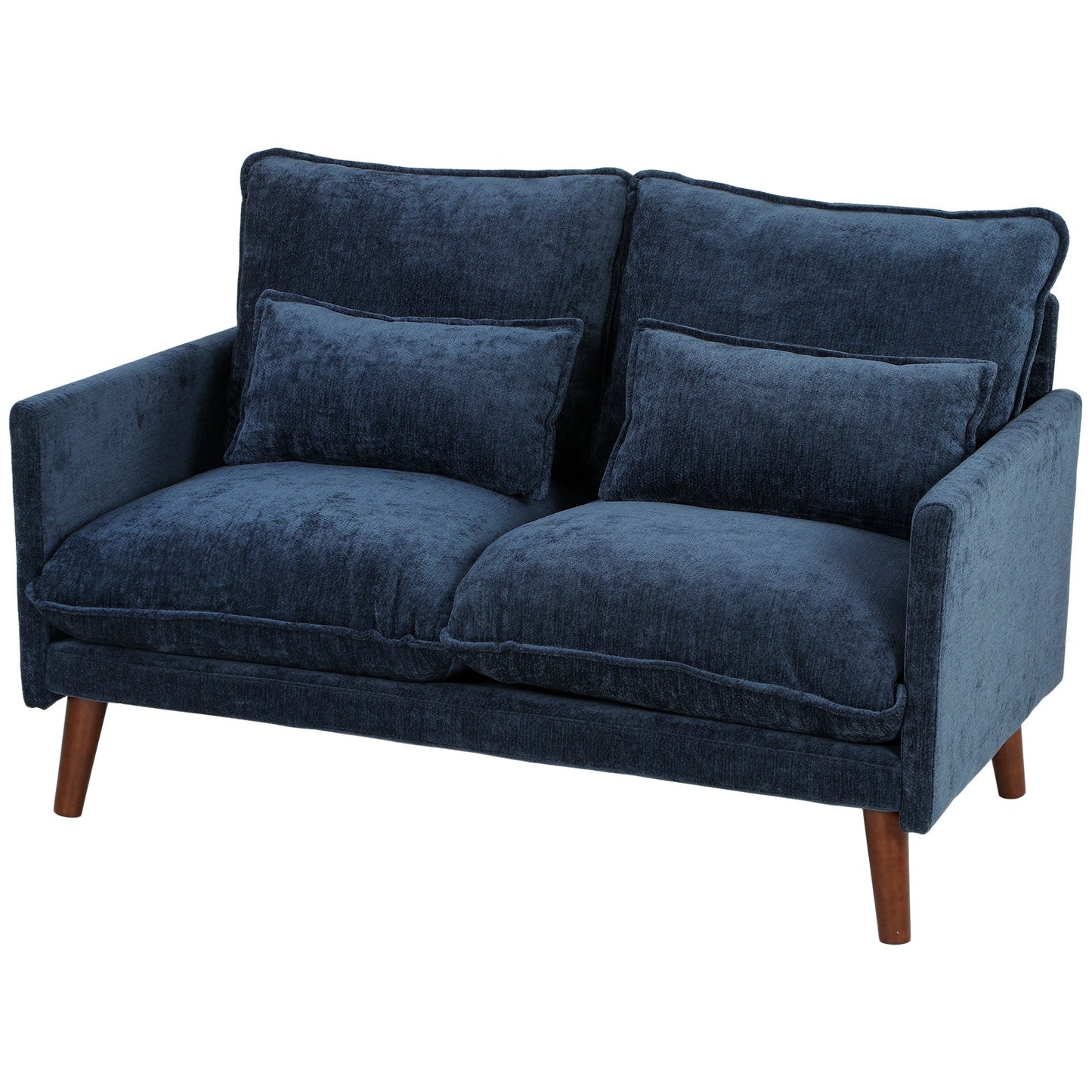 2 Seater Sofa, 131cm Velvet-Feel Fabric Loveseat Sofa with Spring Cushions, Wide and Deep Seat, Wood Legs, 2 Pillows, Modern Couch Settee for Small Space, Living Room, Bedroom, Office, Blue