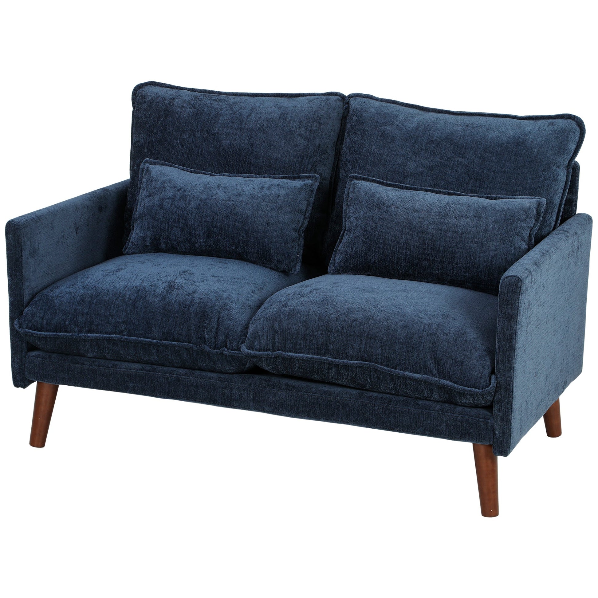 2 Seater Sofa, 131cm Velvet-Feel Fabric Loveseat Sofa with Spring Cushions, Wide and Deep Seat, Wood Legs, 2 Pillows, Modern Couch Settee for Small Space, Living Room, Bedroom, Office, Blue