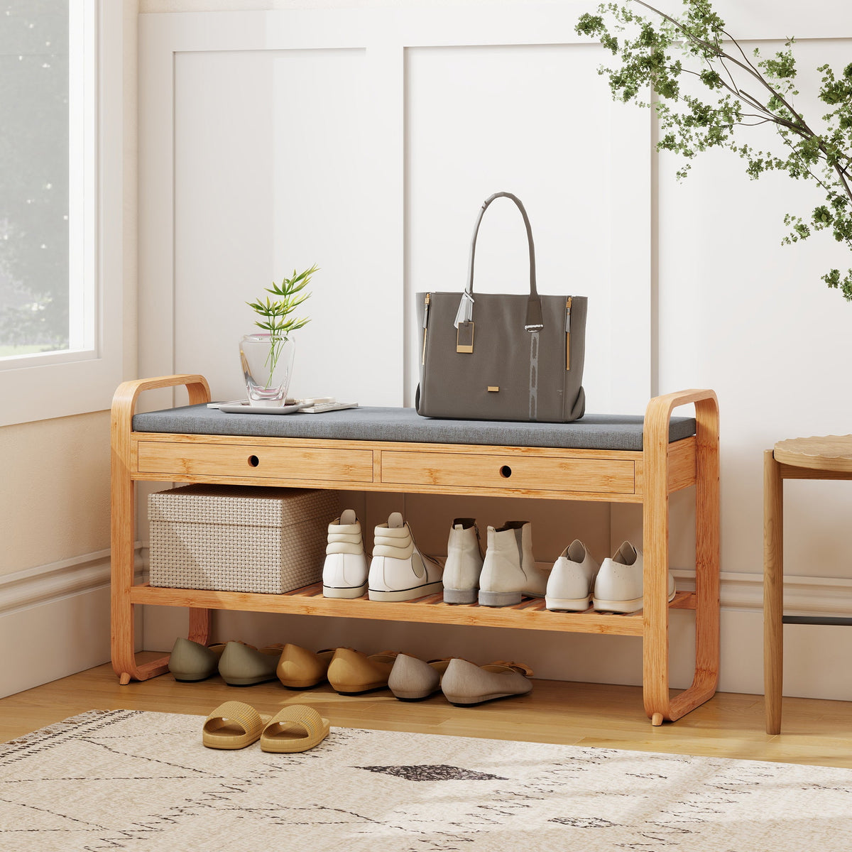 Shoe Bench with 2 Drawers, Shoe Storage Bench with Cushioned Seat, Storage Shelf and Bamboo Frame, 130 kg Weight Capacity, 105 x 33.2 x 55 cm, Natural and Grey