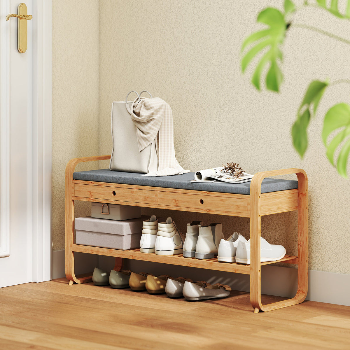 Shoe Bench with 2 Drawers, Shoe Storage Bench with Cushioned Seat, Storage Shelf and Bamboo Frame, 130 kg Weight Capacity, 105 x 33.2 x 55 cm, Natural and Grey