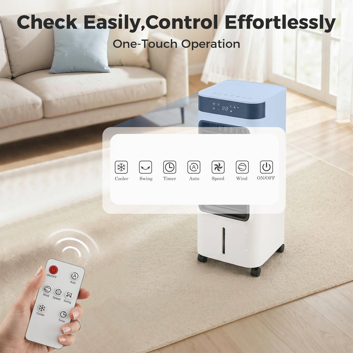 Portable Air Cooler, 3-In-1 Evaporative Air Cooler with 7 Litre Water Tank, 48° Oscillation, 3 Speeds, 3 Modes, 2 Ice Packs, Remote, for Home Office Bedroom, White