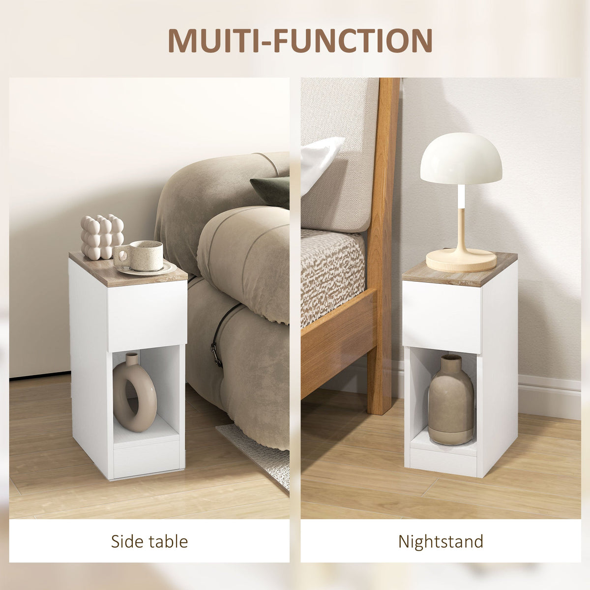 HOMCOM Bedside Tables Set of 2, Modern Side Tables with Drawer and Shelf, Nightstands for Bedroom, Living Room, White