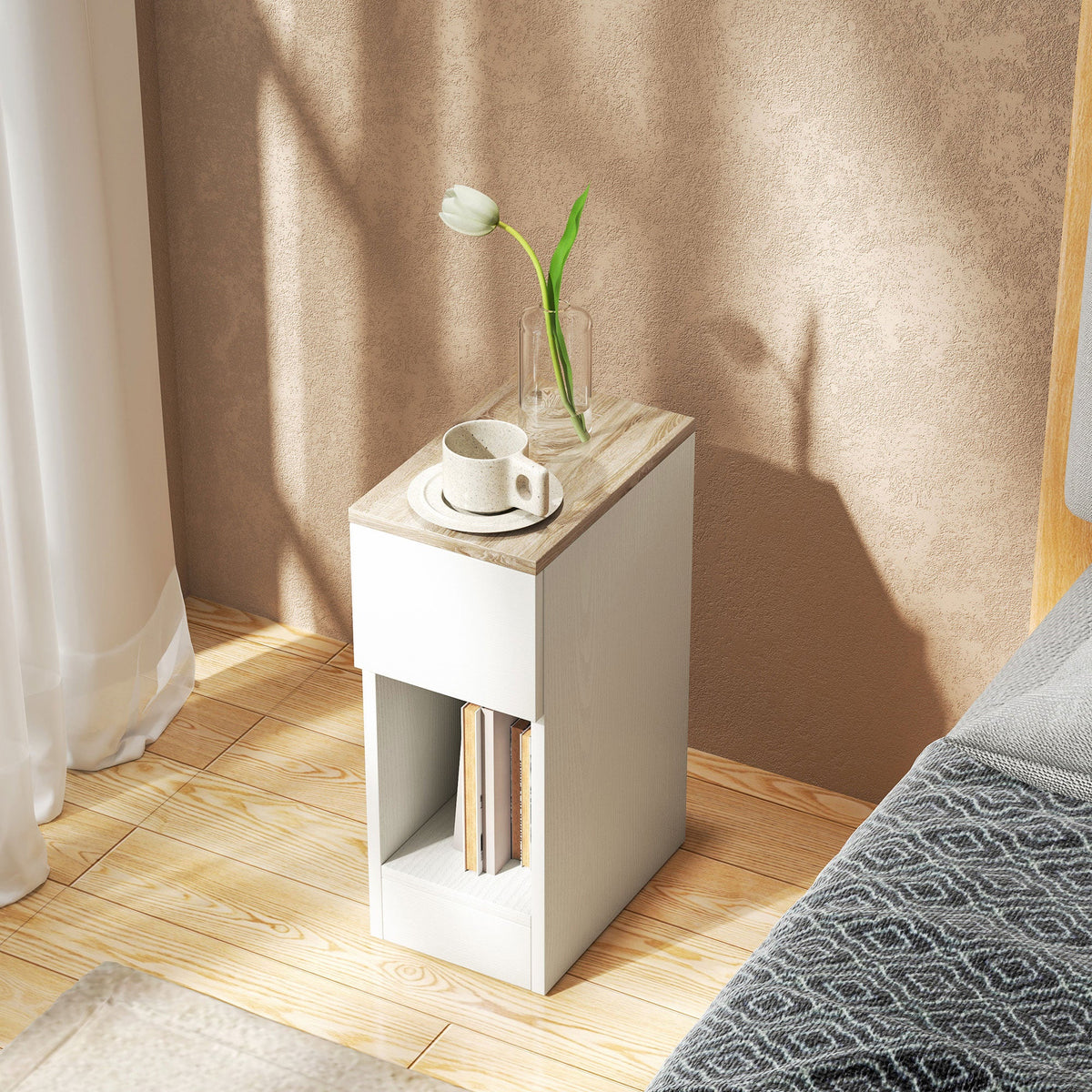 HOMCOM Bedside Tables Set of 2, Modern Side Tables with Drawer and Shelf, Nightstands for Bedroom, Living Room, White