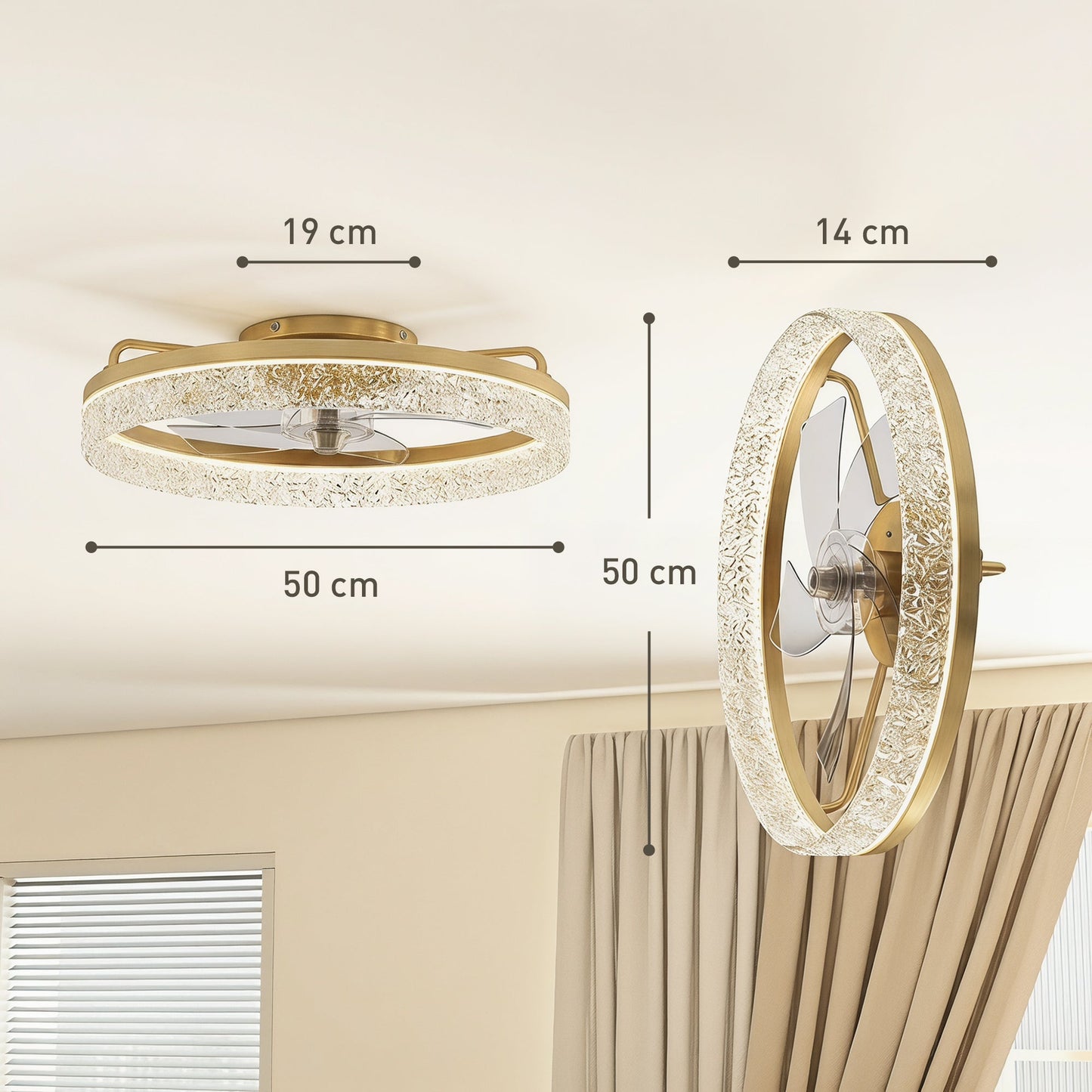Ceiling Fans with Lights and Remote & App Control, 50 cm Modern LED Ceiling Fan Light with 3 Colour Temperatures, 6 Speed, Timer, Dimmable, Quiet Reversible DC Motor, for Bedroom, Study, Gold