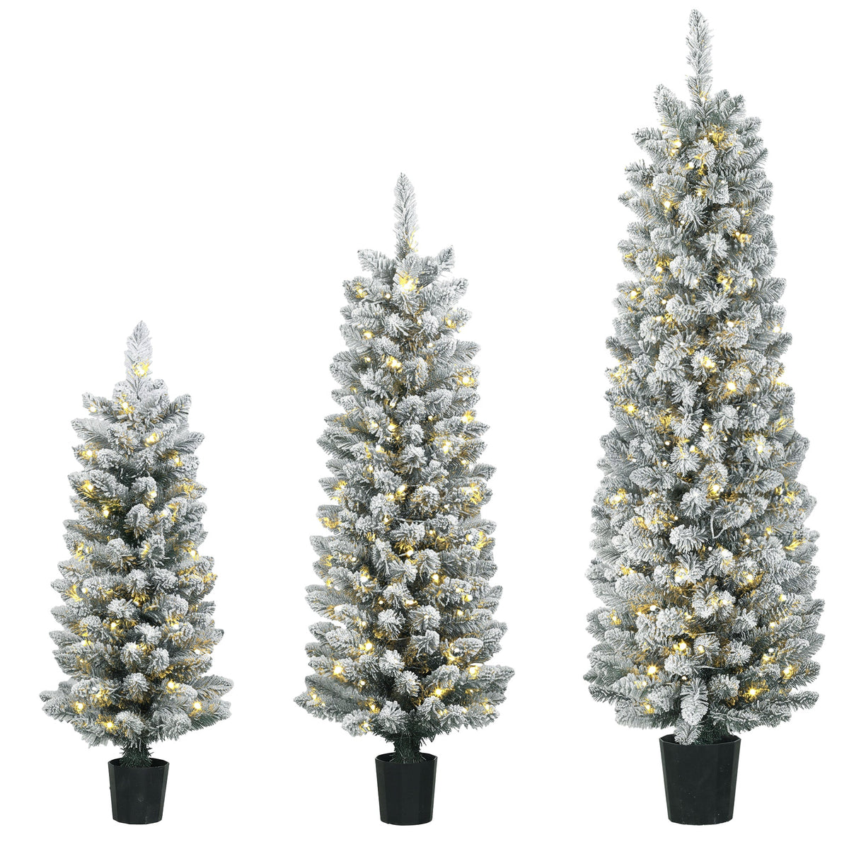 Prelit Snowy Flocked Artificial Christmas Tree Set of 3, Slim Xmas Tree with PVC Tips, Warm White LED Lights, 8 Modes, Space Saving Pencil Xmas Decoration Tree 3FT+4FT+5FT