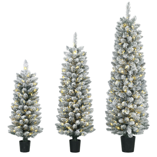 Prelit Snowy Flocked Artificial Christmas Tree Set of 3, Slim Xmas Tree with PVC Tips, Warm White LED Lights, 8 Modes, Space Saving Pencil Xmas Decoration Tree 3FT+4FT+5FT