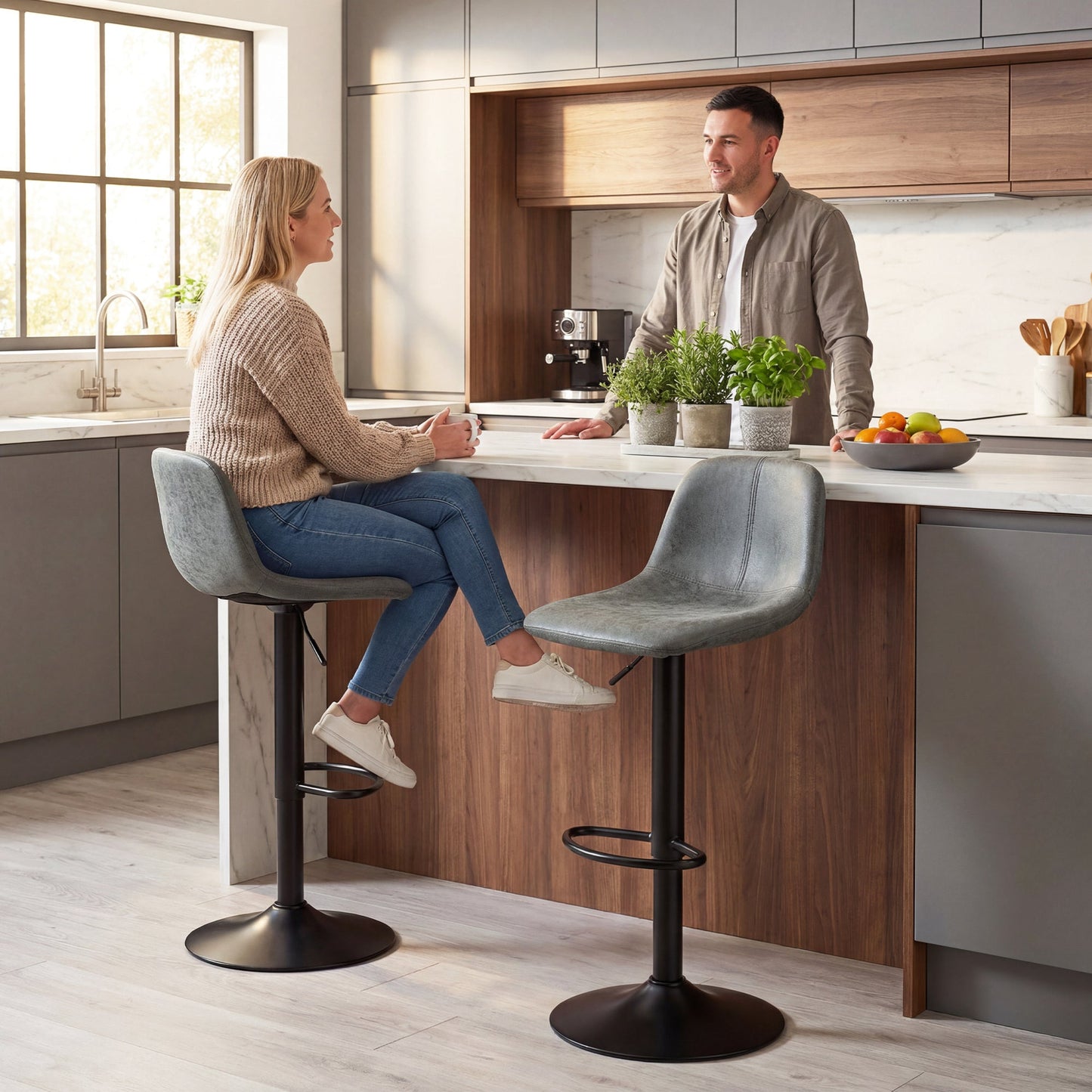 Bar Stools Set of 2, Modern Swivel Barstools, Height Adjustable Breakfast Bar Chairs with Footrest for Kitchen Island and Dining Room, Green