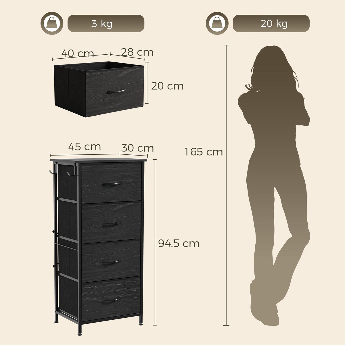 Chest of Drawers, Dresser for Bedroom with 4 Fabric Drawers, Tall Storage Unit with 4 Pockets, 2 Hooks and Steel Frame for Living Room, Hallway, Black