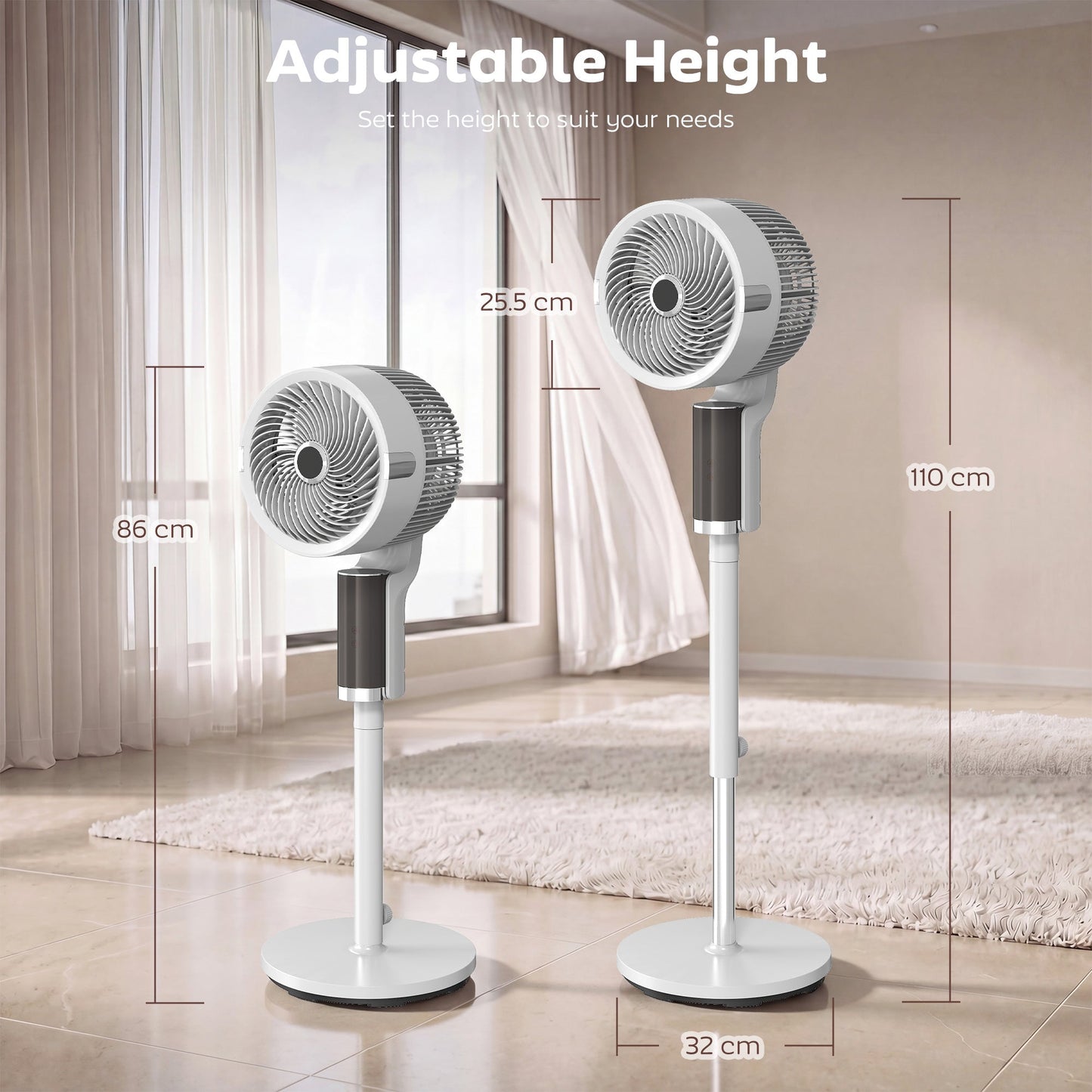 20 dB Silent Standing Fan for Bedroom, 44" Pedestal Fan with 55° Oscillating, 90° Vertical Tilt, 8 Speeds, LED Light, Remote Control, 12H Timer, Adjustable Height, White