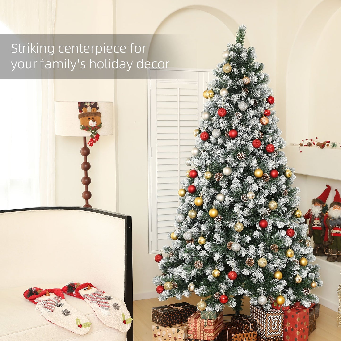 7ft Artificial Pine Christmas Tree with 1152 Branch Tips and Steel Base, Realistic Hinged Tree with Pinecones, Holiday Décor for Home Office, Green