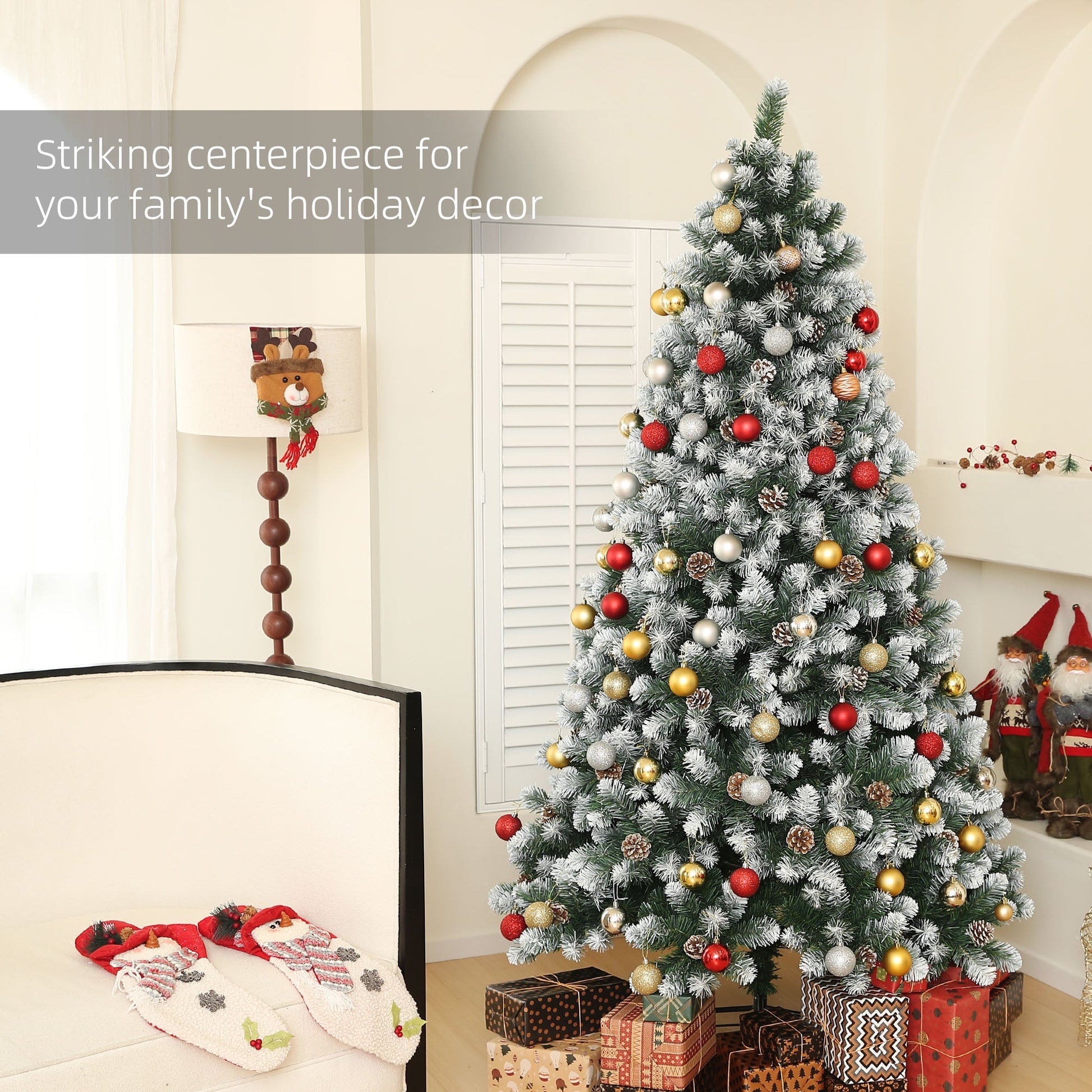 7ft Artificial Pine Christmas Tree with 1152 Branch Tips and Steel Base, Realistic Hinged Tree with Pinecones, Holiday Décor for Home Office, Green