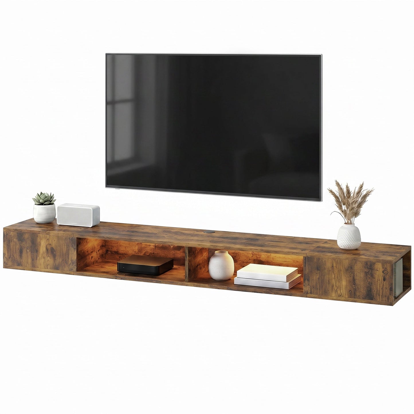 TV Stand for TVs up to 75 Inch, Industrial Entertainment Center with RGB LED Lights, USB Powered, Wall-Mounted Media Console Table with 4 Open Storage Shelves for Living Room, Rustic Brown