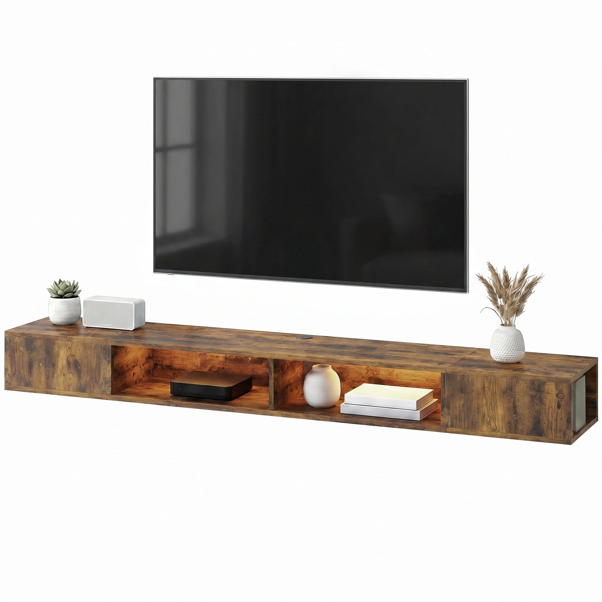 TV Stand for TVs up to 75 Inch, Industrial Entertainment Center with RGB LED Lights, USB Powered, Wall-Mounted Media Console Table with 4 Open Storage Shelves for Living Room, Rustic Brown