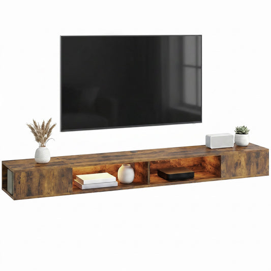 TV Stand for TVs up to 75 Inch, Industrial Entertainment Center with RGB LED Lights, USB Powered, Wall-Mounted Media Console Table with 4 Open Storage Shelves for Living Room, Rustic Brown