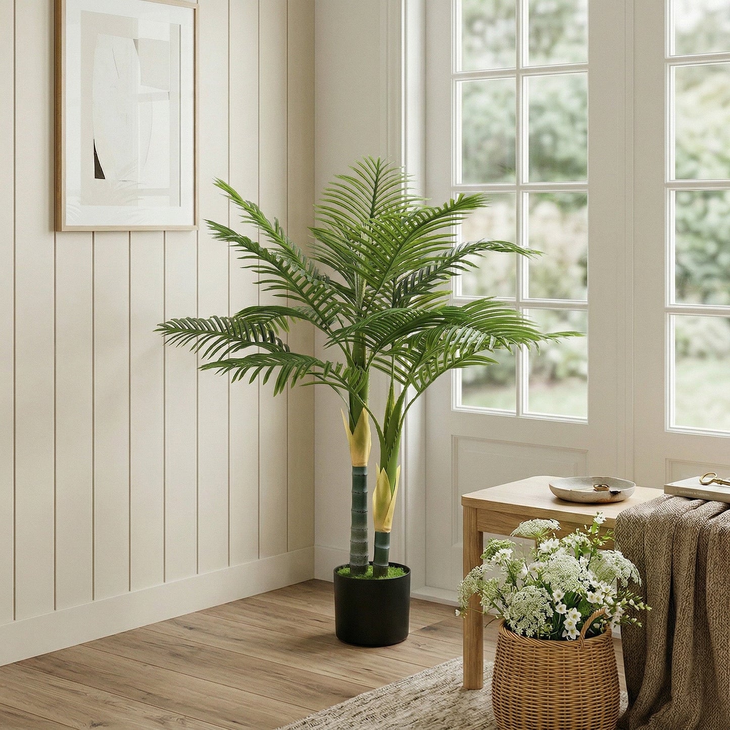 120cm Artificial Palm Tree with 14 PEVA Leaves, Decorative Artificial Plant with Pot and Moss Effect, Fake Plant for Home Office Decor, Green