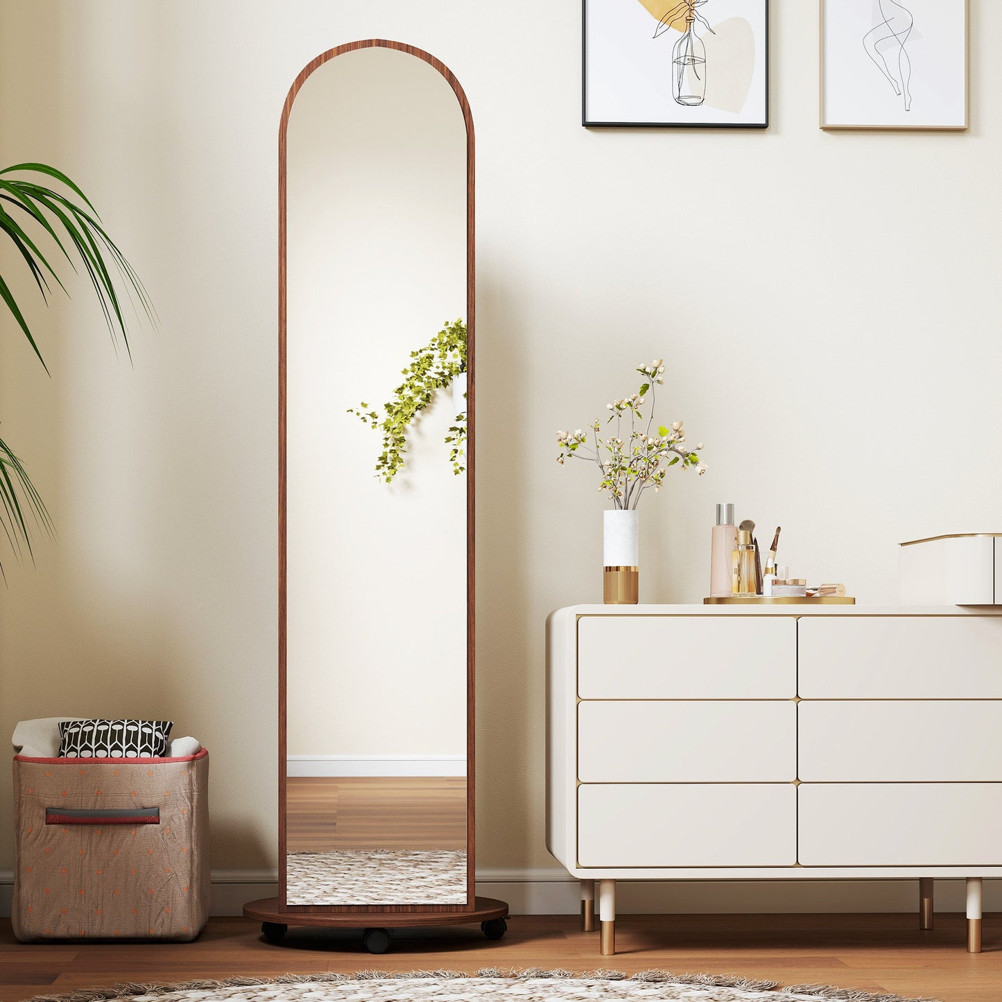 2-in-1 Full Length Mirror with Storage Shelves, Floor Mirror with 4 Universal Wheels, Coat Rack, 4 Hooks, Space-Saving Freestanding Organiser for Bedroom, Living Room, Brown Wood Effect
