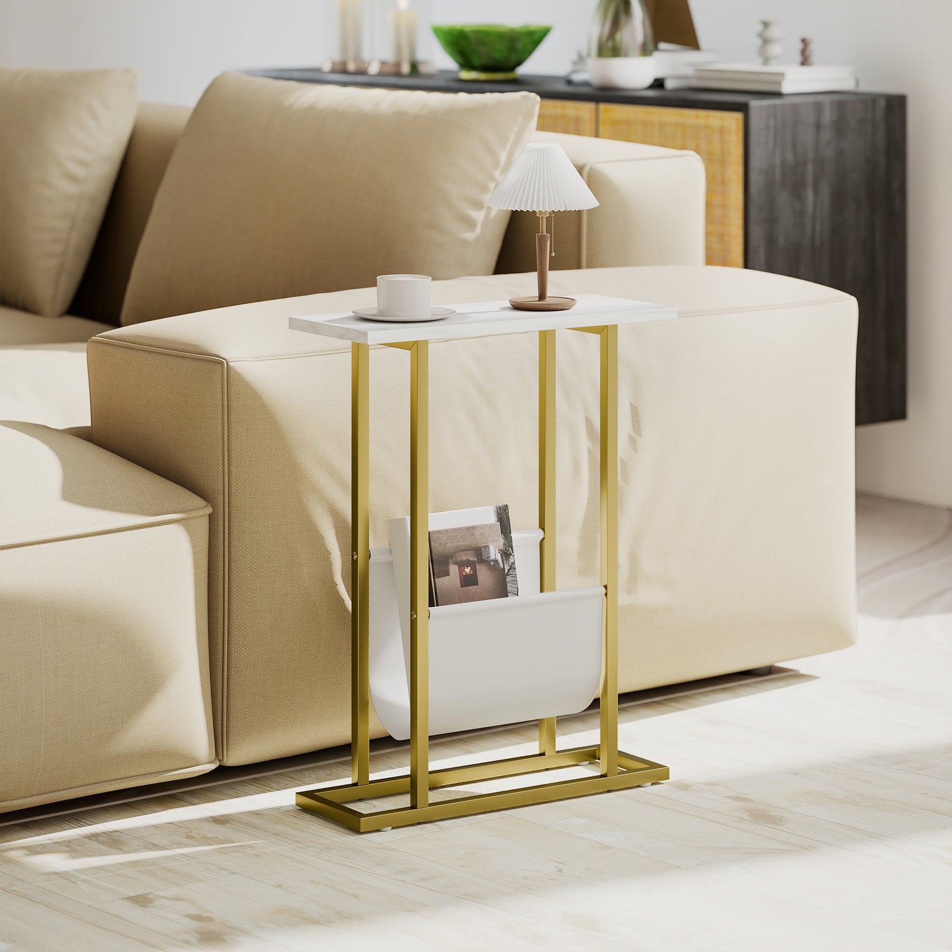 Narrow Side Table, Slim End Table with Magazine Holder, Modern Nightstand for Small Spaces, Living Room, Bedroom, 45 x 18 x 58.5 cm, White Marble Grain