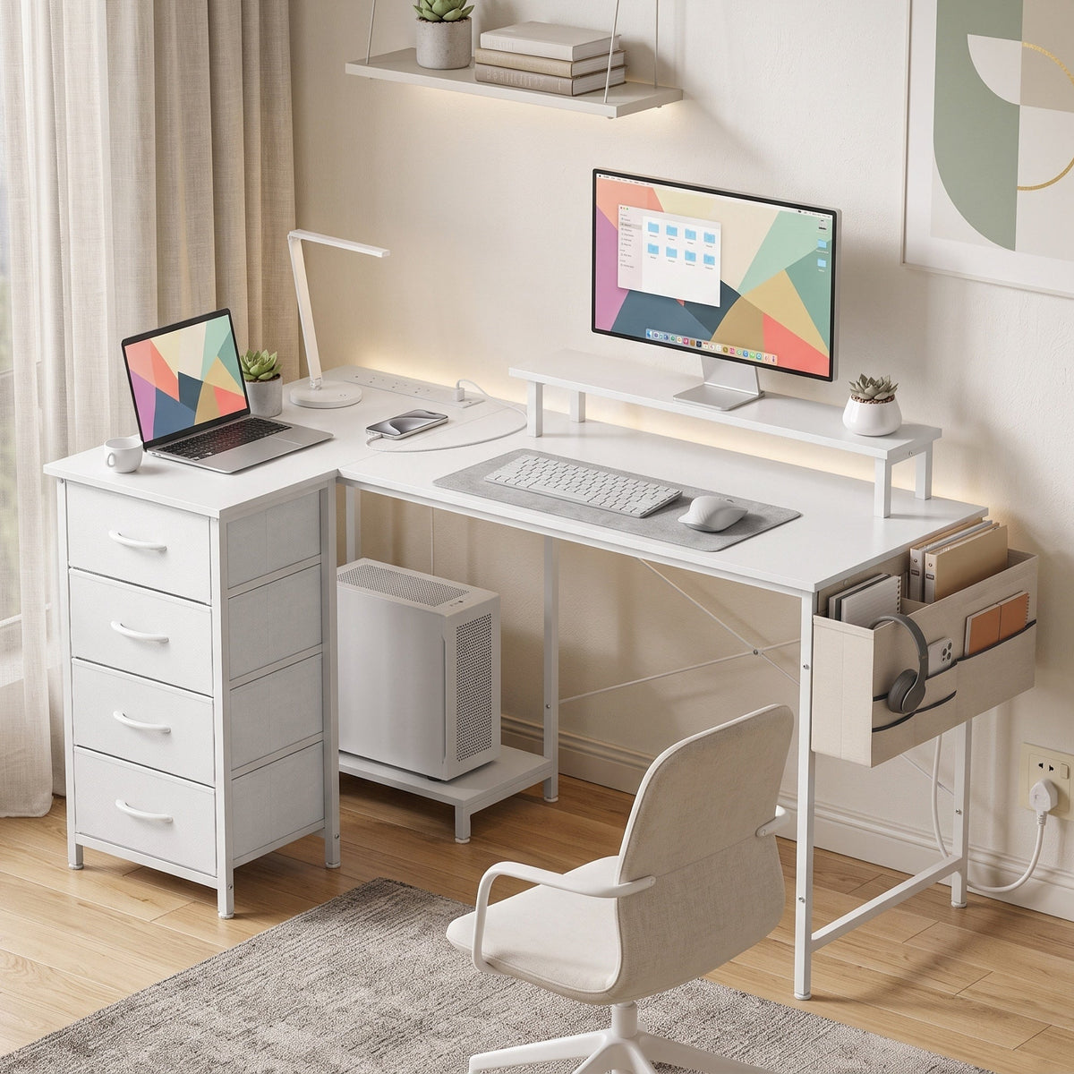 Reversible L Shaped Desk with Drawers, 150 x 80 cm Corner Computer Desk with Power Outlets & USB Ports, Monitor Shelf, Home Office Workstation, PC Stand for Gaming, Study, White