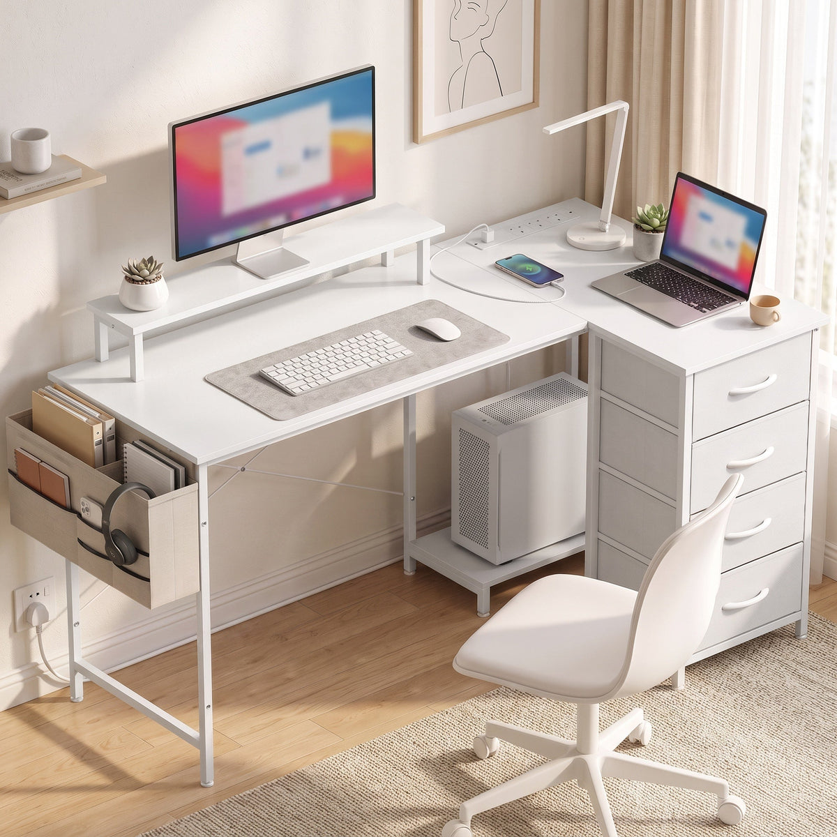 Reversible L Shaped Desk with Drawers, 150 x 80 cm Corner Computer Desk with Power Outlets & USB Ports, Monitor Shelf, Home Office Workstation, PC Stand for Gaming, Study, White
